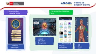 Herramientas
basada en la
gamificación
Herramientas basadas
enla
simulación
Oráculo
Matemágic
o
Mozaik
Education
-Body male
-Hearing
Chemistry &
Physics
simulations
3D
Bones
and
Organs
 