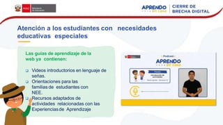Atención a los estudiantes con necesidades
educativas especiales
Las guías de aprendizaje de la
web ya contienen:
 Videos introductorios en lenguaje de
señas.
 Orientaciones para las
familias de estudiantes con
NEE.
 Recursos adaptados de
actividades relacionadas con las
Experienciasde Aprendizaje
 