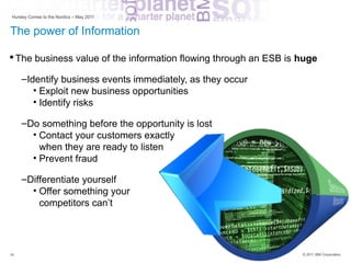 Hursley Comes to the Nordics – May 2011


The power of Information

 The business value of the information flowing through an ESB is huge

     –Identify business events immediately, as they occur
        • Exploit new business opportunities
        • Identify risks

     –Do something before the opportunity is lost
       • Contact your customers exactly
         when they are ready to listen
       • Prevent fraud

     –Differentiate yourself
       • Offer something your
         competitors can’t




16                                                                © 2011 IBM Corporation
 