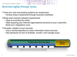 Hursley Comes to the Nordics – May 2011


Business agility through reuse

 Treat your new and existing systems as components
   – Access these components through business interfaces
 Break down barriers between departments
   – Stop re-inventing the wheel
   – Stop exposing your internal organizational structure to your customers
   – Build your integrations once
 Consider visibility of your services
   – Use a central repository to share information about services
   – Set standards for how to facilitate, monitor, and manage reuse



                                                 Enterprise Service Bus            Service
                                                                                   Registry



                                    Business services from across the enterprise


8                                                                                             © 2011 IBM Corporation
 