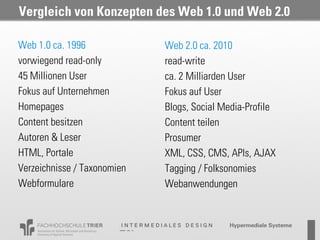Vergleich von Konzepten des Web 1.0 und Web 2.0

Web 1.0 ca. 1996             Web 2.0 ca. 2010
vorwiegend read-only         read-write
45 Millionen User            ca. 2 Milliarden User
Fokus auf Unternehmen        Fokus auf User
Homepages                    Blogs, Social Media-Profile
Content besitzen             Content teilen
Autoren & Leser              Prosumer
HTML, Portale                XML, CSS, CMS, APIs, AJAX
Verzeichnisse / Taxonomien   Tagging / Folksonomies
Webformulare                 Webanwendungen


                                             Probevortrag 02.02.2011
 