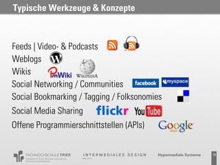 Typische Werkzeuge & Konzepte



Feeds | Video- & Podcasts
Weblogs
Wikis
Social Networking / Communities
Social Bookmarking / Tagging / Folksonomies
Social Media Sharing
Offene Programmierschnittstellen (APIs)


                                          Probevortrag 02.02.2011   18
 