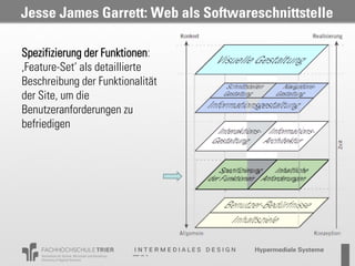 Jesse James Garrett: Web als Softwareschnittstelle

Spezifizierung der Funktionen:
‚Feature-Set‘ als detaillierte
Beschreibung der Funktionalität
der Site, um die
Benutzeranforderungen zu
befriedigen




                                     Probevortrag 02.02.2011
 