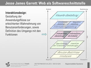 Jesse James Garrett: Web als Softwareschnittstelle

Interaktionsdesign:
Gestaltung der
Anwendungsflüsse zur
erleichterten Wahrnehmung von
Benutzeranforderungen, sowie
Definition des Umgangs mit den
Funktionen




                                     Probevortrag 02.02.2011
 