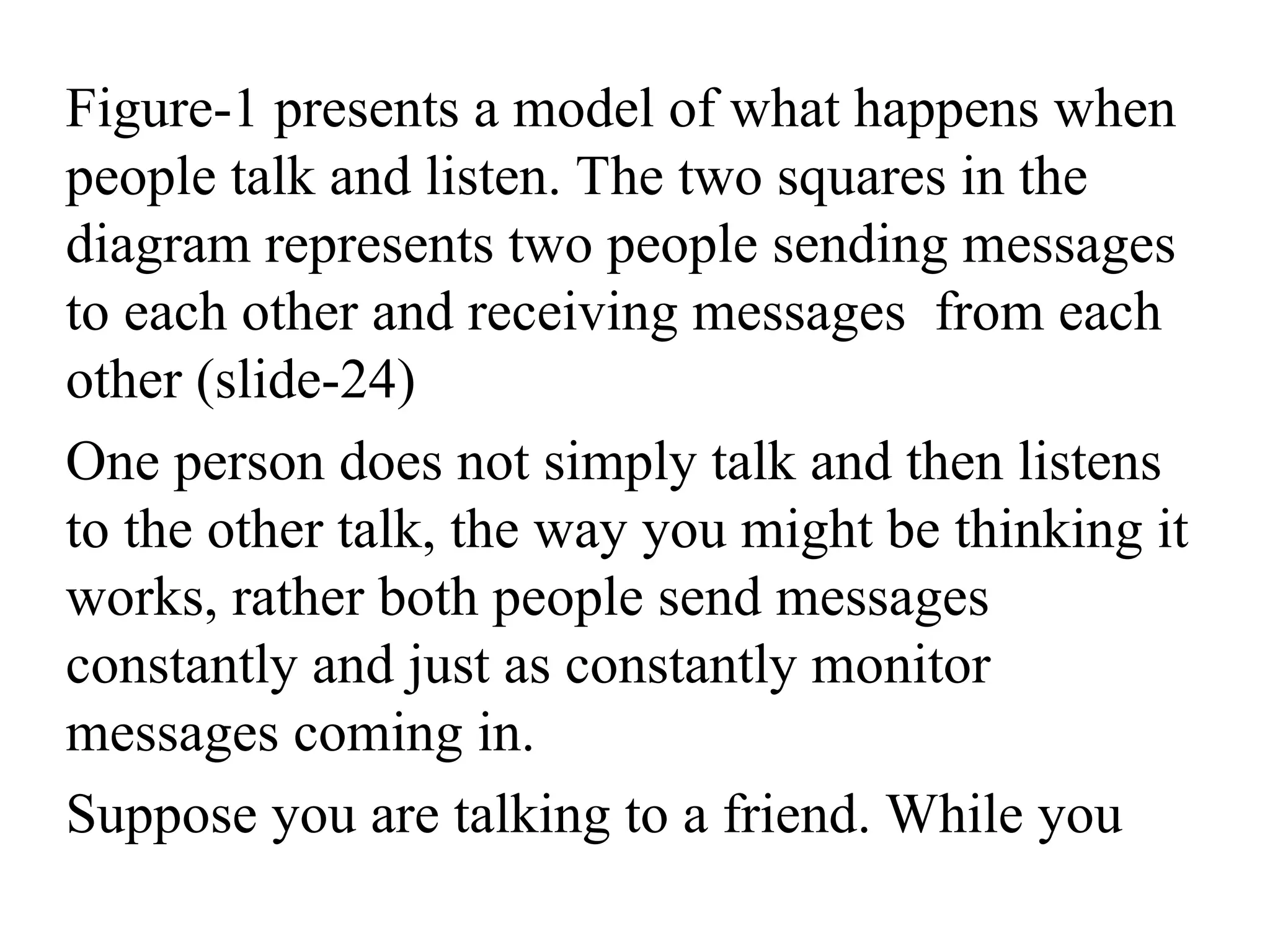 Figure-1 presents a model of what happens when
people talk and listen. The two squares in the
diagram represents two people sending messages
to each other and receiving messages from each
other (slide-24)
One person does not simply talk and then listens
to the other talk, the way you might be thinking it
works, rather both people send messages
constantly and just as constantly monitor
messages coming in.
Suppose you are talking to a friend. While you
 