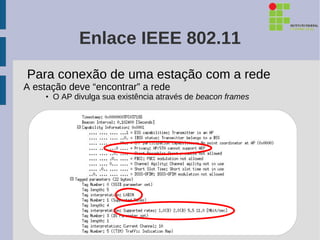 Enlace IEEE 802.11
Para conexão de uma estação com a rede
A estação deve “encontrar” a rede
    • O AP divulga sua existência através de beacon frames
 