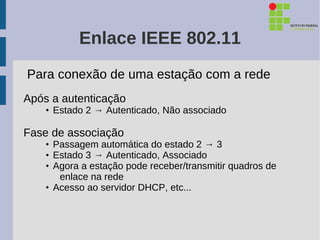 Enlace IEEE 802.11
Para conexão de uma estação com a rede
Após a autenticação
    • Estado 2 → Autenticado, Não associado

Fase de associação
    • Passagem automática do estado 2 → 3
    • Estado 3 → Autenticado, Associado
    • Agora a estação pode receber/transmitir quadros de
       enlace na rede
    • Acesso ao servidor DHCP, etc...
 