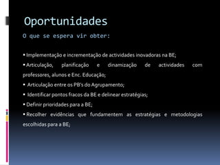 Perfis de desempenho…“A avaliação realizada vai articular-se, em cada domínio/ subdomínio, com os perfis de desempenho que caracterizam o que se espera da BE, face à área analisada. (…)Na caracterização dos perfis de desempenho optou-se por uma escala de quatro níveis que caracterizam o tipo de desempenho da BE em relação a cada domínio/ subdomínio. (…) Os descritores apresentados retratam o padrão de execução da BE em cada um dos níveis. Pretende-se, com esses descritores, ajudar a identificar a situação em que a biblioteca se encontra e a verificar onde é necessário actuar para melhorar de nível.”Modelo de auto-avaliação da biblioteca escolarRBE – Ministério da Educação