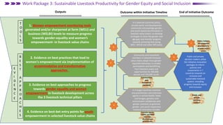 Outcome within Initiative Timeline
Outputs
2. Evidence on best practices that lead to
women's empowerment via implementation of
accommodative and transformative
approaches
4. Evidence on best-bet entry points for youth
empowerment in selected livestock value chains
End of Initiative Outcome
Community and household
members in selected livestock
value chains adopt more gender-
equitable behaviour to enable
participation and benefitting
from livestock assets and
opportunities for 400,000
women and 150,000 youth.
In 4 target countries scientists
and practitioners and extension
agents in animal health, feeds
and forages, genetics and
environment collaborate with
gender scientists to generate
gender- and youth-responsive
livestock innovation bundles
In 4 selected countries policy,
private sector and development
community acknowledge gender-
and youth-based discrimination in
livestock value chains; co-develop
strategies to close the gender and
age gap; and monitor progress
towards achieving that (using
WELI ,WELBI and other WP tools).
Public and private
decision makers utilize
the Initiative innovation
packages to inform
policies and
investments in 7
countries towards an
inclusive and
sustainable livestock
system, including
progress towards equity
and inclusion
Extension agents,
CGIAR and NARS
Scientists,
development
practitioners
Communities
and
household
members
Public and
private
decision
makers
Policy makers,
development
practitioners,
private sector
actors
1
2
3
4
4
3. Evidence on best approaches to progress
towards gender equality and women
empowerment in livestock development across
the 3 livestock technical pillars
1. Women empowerment monitoring tools
generated and/or sharpened at farm (WELI) and
business (WELBI) levels to measure progress
towards gender-equality and women’s
empowerment- in livestock value chains
Work Package 3: Sustainable Livestock Productivity for Gender Equity and Social Inclusion
T
O
O
L
S
E
V
I
D
E
N
C
E
B
E
S
T
A
P
P
R
O
A
C
H
E
S
 
