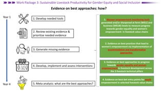 2. Evidence on best practices that lead to
women's empowerment via implementation of
accommodative and transformative
approaches
4. Evidence on best-bet entry points for youth
empowerment in selected livestock value chains
3. Evidence on best approaches to progress
towards gender equality and women
empowerment in livestock development across
the 3 livestock technical pillars
Work Package 3: Sustainable Livestock Productivity for Gender Equity and Social Inclusion
Evidence on best approaches: how?
1. Develop needed tools
2. Review existing evidence &
prioritize needed evidence
3. Generate missing evidence
4. Develop, implement and assess interventions
5. Meta analysis: what are the best approaches?
Year 1
Year 4
1. Women empowerment monitoring tools
generated and/or sharpened at farm (WELI) and
business (WELBI) levels to measure progress
towards gender-equality and women’s
empowerment- in livestock value chains
 