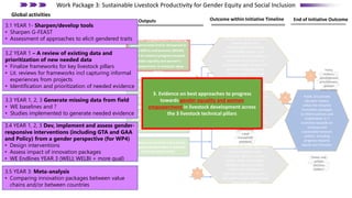 Outcome within Initiative Timeline
Outputs End of Initiative Outcome
2. Evidence on best practices that
lead to women's empowerment via
implementation of accommodative
and transformative approaches
4. Evidence on best-bet entry points
for youth empowerment in selected
livestock value chains
1. Women empowerment monitoring
tools generated and/or sharpened at
farm (WELI) and business (WELBI)
levels to measure progress towards
gender-equality and women’s
empowerment- in livestock value
chains
Community and household
members in selected livestock
value chains adopt more
gender-equitable behaviour to
enable participation and
benefitting from livestock
assets and opportunities for
400,000 women and 150,000
youth.
In 4 target countries scientists
and practitioners and
extension agents in animal
health, feeds and forages,
genetics and environment
collaborate with gender
scientists to generate gender-
and youth-responsive livestock
innovation bundles
In 4 selected countries policy,
private sector and
development community
acknowledge gender- and
youth-based discrimination in
livestock value chains; co-
develop strategies to close the
gender and age gap; and
monitor progress towards
achieving that (using WELI
,WELBI and other WP tools).
Public and private
decision makers
utilize the Initiative
innovation packages
to inform policies and
investments in 7
countries towards an
inclusive and
sustainable livestock
system, including
progress towards
equity and inclusion
Communitie
s and
household
members
Public and
private
decision
makers
Policy
makers,
development
practitioners,
private
sector actors
1
2
3
4
4
3. Evidence on best approaches to
progress towards gender equality
and WE in livestock development
across the 3 livestock technical pillars
3.3 YEAR 1, 2, 3 Generate missing data from field
• WE baselines and ?
• Studies implemented to generate needed evidence
3.2 YEAR 1 – A review of existing data and
prioritization of new needed data
• Finalize frameworks for key livestock pillars
• Lit. reviews for frameworks incl capturing informal
experiences from projects
• Identification and prioritization of needed evidence
3.5 YEAR 3: Meta-analysis
• Comparing innovation packages between value
chains and/or between countries
3. Evidence on best approaches to progress
towards gender equality and women
empowerment in livestock development across
the 3 livestock technical pillars
3.1 YEAR 1- Sharpen/develop tools
• Sharpen G-FEAST
• Assessment of approaches to elicit gendered traits
3.4 YEAR 1, 2, 3 Dev, implement and assess gender-
responsive interventions (including GTA and GAA
and Policy) from a gender perspective (for WP4)
• Design interventions
• Assess impact of innovation packages
• WE Endlines YEAR 3 (WELI; WELBI + more qual)
Work Package 3: Sustainable Livestock Productivity for Gender Equity and Social Inclusion
Global activities
 