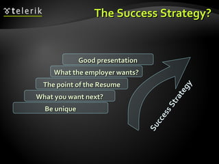The Success Strategy? What you want next? The point of the Resume What the employer wants? Good presentation Be unique Suc...