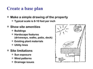 Create a base plan Make a simple drawing of the property Typical scale is 8-10 feet per inch Show site amenities Buildings Hardscape features  (driveways, walks, patio, deck) Existing plant materials Utility lines Site limitations Sun exposure Wind patterns Drainage issues 
