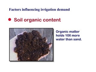 Factors influencing irrigation demand Soil organic content Organic matter holds 10X more water than sand. 