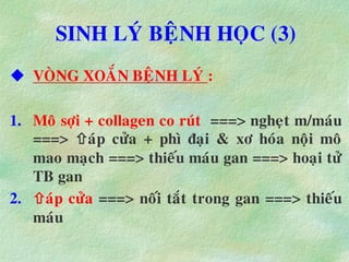 SINH LYÙ BEÄNH HOÏC (3)
 VOØNG XOAÉN BEÄNH LYÙ :
1. Moâ sôïi + collagen co ruùt ===> ngheït m/maùu
===> aùp cöûa + phì ñaïi & xô hoùa noäi moâ
mao maïch ===> thieáu maùu gan ===> hoaïi töû
TB gan
2. aùp cöûa ===> noái taét trong gan ===> thieáu
maùu
 
