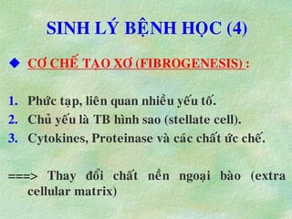 SINH LYÙ BEÄNH HOÏC (4)
 CÔ CHEÁ TAÏO XÔ (FIBROGENESIS) :
1. Phöùc taïp, lieân quan nhieàu yeáu toá.
2. Chuû yeáu laø TB hình sao (stellate cell).
3. Cytokines, Proteinase vaø caùc chaát öùc cheá.
===> Thay ñoåi chaát neàn ngoaïi baøo (extra
cellular matrix)
 