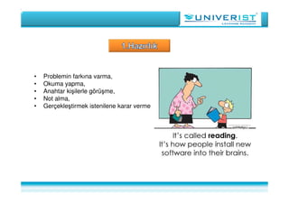 • Problemin farkına varma,
• Okuma yapma,
• Anahtar kişilerle görüşme,
• Not alma,
• Gerçekleştirmek istenilene karar verme
 