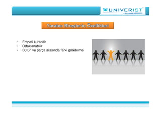 • Empati kurabilir
• Odaklanabilir
• Bütün ve parça arasında farkı görebilme
 