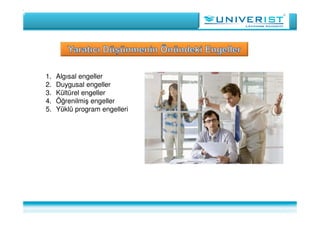 1. Algısal engeller
2. Duygusal engeller
3. Kültürel engeller
4. Öğrenilmiş engeller
5. Yüklü program engelleri
 