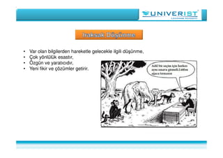 • Var olan bilgilerden hareketle gelecekle ilgili düşünme,
• Çok yönlülük esastır,
• Özgün ve yaratıcıdır,
• Yeni fikir ve çözümler getirir.
 