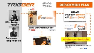 trigger
VIRAL CLIP: “FUN HUNTER”
DEPLOYMENT PLAN
(4 tuần)
KOL: Rocker
Nguyễn
700 triệu
Composer:
Tăng Nhật Tuệ
CREATE
your own exercise
with song!
[BITIS HUNTER] - FUNHUNTER CONTEST
- Bảo Chi
#befuncomfortable
 