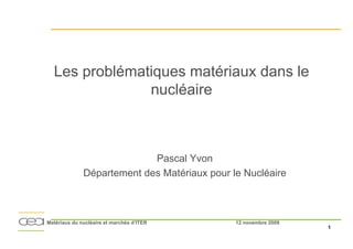 Les problématiques matériaux dans le
               nucléaire



                            Pascal Yvon
              Département des Matériaux pour le Nucléaire



Matériaux du nucléaire et marchés d’ITER      12 novembre 2009
                                                                 1
 