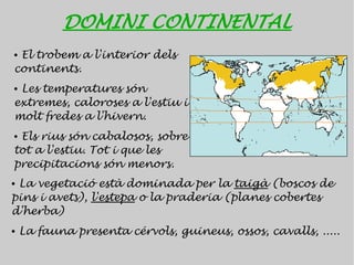 DOMINI CONTINENTAL
●El trobem a l'interior dels
continents.
●Les temperatures són
extremes, caloroses a l'estiu i
molt fredes a l'hivern.
●Els rius són cabalosos, sobre
tot a l'estiu. Tot i que les
precipitacions són menors.
●La vegetació està dominada per la taigà (boscos de
pins i avets), l'estepa o la praderia (planes cobertes
d'herba)
●   La fauna presenta cérvols, guineus, ossos, cavalls, .....
 