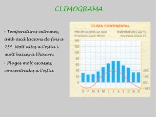 CLIMOGRAMA


➢   Temperatures extremes,
amb oscil·lacions de fins a
25º. Molt altes a l'estiu i
molt baixes a l'hivern.
➢   Pluges molt escasses,
concentrades a l'estiu.
 