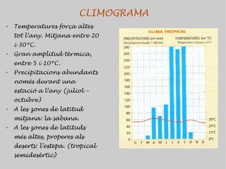 CLIMOGRAMA
➢   Temperatures força altes
    tot l’any. Mitjana entre 20
    i 30ºC.
➢   Gran amplitud tèrmica,
    entre 5 i 10ºC.
➢   Precipitacions abundants
    només durant una
    estació a l’any (juliol –
    octubre)
➢   A les zones de latitud
    mitjana: la sabana.
➢   A les zones de latituds
    més altes, properes als
    deserts: l’estepa. (tropical
    semidesèrtic)
 