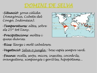 DOMINI DE SELVA
•Situació: zona càlida
(Amazònia, Cubeta del
Congo, Indonèsia).
•Temperatures: altes, sobre
els 25º tot l'any.
•Precipitacions: moltes i
quasi diàries.
•Rius: llargs i molt cabalosos.
•Vegetació: Selva o jungla : bosc espès sempre verd.
•Fauna: ocells, serps, micos, insectes, cocodrils,
orangutans, ximpanzés i goril·les, hipopòtams...
 