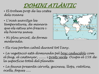 DOMINI ATLÀNTIC
●El trobem prop de les costes
dels oceans
●L'oceà suavitza les
temperatures, de manera
que els estius són frescos i
els hiverns suaus.
●Hi plou sovint, de forma
moderada.
●   Els rius porten cabal durant tot l'any.
●La vegetació està dominada pel bosc caducifoli com
el faig, el castanyer, ....... i prats verds. Ocupa el 15% de
la superfície total del planeta
●La fauna presenta cérvols, guineus, llops, ratolins,
ocells, foques .....
 