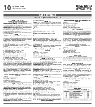 10                  quarta-feira
                    20 de fevereiro de 2013
                                                                                                                                                                           Diário Oficial
                                                                                                                                                                            GUARUJÁ

                                                                                 Atos oficiais
                                                                     unidade de assuntos estratégicos
                     D E C R E T O N.º 10.226.                      vo n.º 4463/3418/2013;                                                 Prefeitura Municipal de Guarujá, em 15 de fevereiro de 2013.
           “Nomeia a Comissão Permanente para o fim                                           DECRETA:                                                                PREFEITA
             que especifica e dá outras providências.”              Art. 1.º O artigo 2.º do Decreto n.º 9.492, de 21 de julho de 2011,   “LEIN”/dll
MARIA ANTONIETA DE BRITO, Prefeita Municipal de Guarujá,            alterado pelos Decretos n.ºs. 9.572, de 23 de setembro de 2011,       Registrado no Livro Competente
no uso das atribuições que a lei lhe confere;                       e 9.989, de 06 de agosto de 2012, passa a vigorar com a seguinte      “UAE GBPRE”, em 15.02.2013
Considerando os princípios que regem a Administração Pública;       redação:                                                              Débora de Lima Lourenço
Considerando o elevado número de bens patrimoniais inserví-         “Art. 2.º ......                                                      Pront. n.º 11.901, que o digitei e assino
veis, que necessitam de imediata destinação;                        I – ......
Considerando que a destinação de bens patrimoniais demons-          ......                                                                                    Portaria N.º 1020/2013.-
tra-se como necessidade permanente; e,                              c) Dione Gouveia de Araújo – Pront. n.º 17.438;                       MARIA ANTONIETA DE BRITO, PREFEITA MUNICIPAL DE GUARU-
Considerando, por fim, o que consta no processo administrati-       ......                                                                JÁ, usando das atribuições que lhe são conferidas pela Lei Com-
vo n.º 3611/58303/2013,                                             h) Rafael Sá Araújo de Oliveira – Pront. n.º 18.694;                  plementar n.º 135/2012 e suas posteriores alterações, e de acor-
                            DECRETA:                                ......                                                                do com os incisos I e II do artigo 37 da Constituição Federal,
Art. 1.º Fica instituída a Comissão Permanente destinada à coor-    II - ......                                                                                      RESOLVE:
denação e realização de leilão público visando a alienação, para    a) Fátima Regina Duarte de Amorim – Pront. n.º 4.489;                 NOMEAR os candidatos constantes do Anexo Único da pre-
melhor oferta, de veículos, equipamentos diversos e mobiliários,    b) Daniella Alexandre Souto Soares – Pront. n.º 17.777;               sente portaria, aprovados e classificados no Concurso Público
de propriedade da Prefeitura Municipal de Guarujá, considera-       c) Márcia Maria dos Santos – Pront. n.º 5.389; ” (NR).                n.º 002/2011 - SESAU, conforme Processo Administrativo n.º
dos inservíveis ou antieconômicos ao Município.                     Art. 2.º Permanecem inalteradas as demais disposições conti-          39385/2012, para exercer os respectivos cargos indicados, de
Art. 2.º A Comissão ora instituída será integrada pelos represen-   das no Decreto n.º 9.492, de 21 de julho de 2011, alterado pelos      provimento efetivo, de acordo com a Lei Complementar n.º 135,
tantes a seguir relacionados, com as respectivas funções:           Decretos n.ºs 9.572, de 23 de setembro de 2011, e 9.989, de 06        de 04 de abril de 2012, e alterações.
I – Carlos José dos Santos – Pront. n.º 13.798 – Presidente;        de agosto de 2012.                                                                 Registre-se, publique-se e dê-se ciência.
II – Neemias Cerqueira Andrade – Pront. n.º 14.411 – Primeiro-      Art. 3.º Este Decreto entra em vigor na data de sua publicação.           Prefeitura Municipal de Guarujá, 18 de fevereiro de 2013.
Secretário;                                                         Art. 4.º Revogam-se as disposições em contrário.                                                   PREFEITA
III – Antônio Pereira de Araújo Filho – Pront. n.º 6.343 – Segun-                      Registre-se e publique-se.                         “ADM”/dll
do-Secretário;                                                        Prefeitura Municipal de Guarujá, em 15 de fevereiro de 2013.        Registrada no Livro Competente
IV – Hélio Oliveira da Costa – Pront. n.º 17.520;                                               PREFEITA                                  “UAE GBPRE”, em 18.02.2013
V – Ivanildo de Souza – Pront. n.º 11.698;                          “LEIN”/dll                                                            Débora de Lima Lourenço
VI – Luiz Carlos de Andrade – Pront. n.º 6.677;                     Registrado no Livro Competente                                        Pront. n.º 11.901, que a digitei e assino
VII – Braz Antônio do Nascimento – Pront. n.º 4.058                 “UAE GBPRE”, em 15.02.2013
VIII – Amanda de Oliveira Araújo – Pront. n.º 17.828;               Débora de Lima Lourenço                                                                      ANEXO ÚNICO
IX – José Luiz dos Santos Lutério – Pront. n.º 17.749;              Pront. n.º 11.901, que o digitei e assino                                       I – CARGO: AGENTE DE SERVIÇOS DE GERAIS
X – Ana Maria dos Santos – Pront. n.º 12.390;                                                                                              Classificação           Nome do Candidato           Pront.
XI – Sandro Bismark de Freitas – Pront. n.º 9.621;                                       D E C R E T O N.º 10.228.                             300.º       WENDELL SILVA BARBOZA               19.997
XII – Luiz Fernando do Nascimento – Pront. n.º 13.785                                 “Nomeia a Comissão de Gestão de                          301.º       GABRIELA SÁ ARAUJO DE OLIVEIRA      19.998
Art. 3.º A Comissão ora instituída deverá observar, no cumpri-                       Carreiras e dá outras providências.”
mento de suas missões e finalidades, os dispositivos constan-       MARIA ANTONIETA DE BRITO, Prefeita Municipal de Guarujá,
tes da Lei Federal n.º 8.666/93, sob pena de responsabilidade       no uso das atribuições que a lei lhe confere;                                             Portaria N.º 1021/2013.-
pessoal dos seus integrantes, instaurando procedimentos admi-       Considerando o disposto no artigo 86, inciso II da Lei Comple-        MARIA ANTONIETA DE BRITO, PREFEITA MUNICIPAL DE GUARU-
nistrativos para as realizações dos leilões, sob a subordinação e   mentar n.º 135, de 04 de abril de 2012;                               JÁ, usando das atribuições que lhe são conferidas pela Lei Com-
fiscalização do Secretário de Administração.                        Considerando o disposto no artigo 91 e seguintes da Lei Com-          plementar n.º 135/2012 e suas posteriores alterações, e de acor-
Art. 4.º Aplica-se aos membros desta Comissão o disposto no ar-     plementar n.º 135, de 04 de abril de 2012;                            do com os incisos I e II do artigo 37 da Constituição Federal,
tigo 255, da Lei Complementar n.º 135, de 04 de abril de 2012.      Considerando o disposto no artigo 935 e seguintes da Lei Com-                                    RESOLVE:
Art. 5.º Este Decreto entra em vigor na data de sua publicação.     plementar n.º 135, de 04 de abril de 2012;                            NOMEAR os candidatos constantes do Anexo Único da pre-
Art. 6.º Revogam-se as disposições em contrário.                    Considerando, ainda, o disposto no Decreto n.º 10.096, de 28          sente portaria, aprovados e classificados no Concurso Público
                     Registre-se e publique-se.                     de novembro de 2012; e,                                               n.º 001/2011 - SEDUC, conforme Processo Administrativo n.º
 Prefeitura Municipal de Guarujá, em 15 de fevereiro de 2013.       Considerando, por fim, o que consta no processo administrati-         39383/2012, para exercer os respectivos cargos indicados, de
                              PREFEITA                              vo n.º 3163/873/2013;                                                 provimento efetivo, de acordo com a Lei Complementar n.º 135,
“LEIN”/dll                                                                                       DECRETA:                                 de 04 de abril de 2012, e alterações.
Registrado no Livro Competente                                      Art. 1.º Ficam nomeados os seguintes membros para Comissão                         Registre-se, publique-se e dê-se ciência.
“UAE GBPRE”, em 15.02.2013                                          de Gestão de Carreiras:                                                   Prefeitura Municipal de Guarujá, 18 de fevereiro de 2013.
Débora de Lima Lourenço                                             I – Flávio Poli – Pront. n.º 18.058;                                                               PREFEITA
Pront. n.º 11.901, que o digitei e assino                           II – Arinda Piacentini de Oliveira e Oliveira – Pront. n.º 2.325;     “ADM”/dll
                                                                    III – Diego Bezerra Pereira – Pront. n.º 18.898;                      Registrada no Livro Competente
                   D E C R E T O N.º 10.227.                        IV – Elias de Oliveira Filho – Pront. n.º 11.169;                     “UAE GBPRE”, em 18.02.2013
“Altera dispositivo do Decreto n.º 9.492, de 21 de julho de 2011,   V – Fernando Antonio Gonçalves de Melo – Pront. n.º 2.699;            Débora de Lima Lourenço
alterado pelos Decretos n.ºs. 9.572, de 23 de setembro de 2011,     VI – Paulo Manoel da Silva – Pront. n.º 12.292;                       Pront. n.º 11.901, que a digitei e assino
  e 9.989, de 06 de agosto de 2012, e dá outras providências.”      VII – Priscilla Viscardi – Pront. n.º 17.013;
MARIA ANTONIETA DE BRITO, Prefeita Municipal de Guarujá,            VIII – Rose Helena Santana – Pront. n.º 11.530;                                             ANEXO ÚNICO
no uso das atribuições que a lei lhe confere;                       IX – Walter Cesar Hideki Gushi – Pront. n.º 15.039;                         I – CARGO: AGENTE DE SERVIÇOS DE ALIMENTAÇÃO
Considerando o relevante trabalho realizado pela Comissão Es-       X – Regina Sales de Paula e Silva – Pront. n.º 18.785.                 Classificação             Nome do Candidato         Pront.
pecial do Passe Livre, consistente na avaliação de documentos       Art. 2.º Esta Comissão fica sob a presidência do membro indi-               90.º       CRISTIANE SOARES DA SILVA           19.760
e informações comprobatórias da habilitação dos requerentes         cado no inciso I.                                                           94.º       ANA PAULA DA SILVA RIBAS DE SOUZA   19.879
ao benefício do referido Passe Livre, nos transportes coletivos     Art. 3.º Esta Comissão tem o caráter de permanente para os                  95.º       FLÁVIA IVANI SILVA DA PAIXÃO        19.985
do Município;                                                       efeitos da Lei Complementar n.º 135, de 04 de abril de 2012.               100.º       DINORÁ DAS DORES ALVES CARIONI      19.986
Considerando, outrossim, a necessidade de dar continuidade          Art. 4.º Este Decreto entra em vigor na data da sua publicação.            108.º       LUCIANA MARQUES                     19.987
aos trabalhos realizados pela Comissão Permanente do Passe          Art. 5.º Revogam-se as disposições em contrário, em especial o             113.º       ANDREA DA SILVA BIZERRA             19.759
                                                                                                                                               118.º       MARCIA PAIVA LIMA                   19.988
Livre nos Transportes Coletivos Municipais; e,                      art. 10, § 6.º do Decreto n.º 10.096, de 28 de novembro de 2012.
                                                                                                                                               149.º       IVANIA CARVALHO DAVID ARAÚJO        19.989
Considerando, por fim, o que consta no processo administrati-                            Registre-se e publique-se.
 