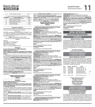 Diário Oficial
 GUARUJÁ
                                                                                                                                                   quarta-feira
                                                                                                                                                   20 de fevereiro de 2013
                                                                                                                                                                                                11
     151.º        BEATRIZ MEDEIROS DE OLIVEIRA            19.990      LOTE 05 - TATIANA SILVA DE ALMEIDA - R$ 182.008,23 (Cento e        CHAMADA PÚBLICA Nº 01/2012
                                                                      oitenta e dois mil, oito reais e vinte e três centavos).           CONTRATANTE: PREFEITURA MUNICIPAL DE GUARUJÁ
    II – CARGO: AUXILIAR DE DESENVOLVIMENTO INFANTIL                  LOTE 07 - INSTITUTO DOS EMPREENDEDORES DO COMERCIO                 CONTRATADA: COOPERATIVA VINÍCOLA NOVA ALIANÇA LTDA.
 Classificação                Nome do Candidato             Pront.    VAREJISTA DE SÃO PAULO - R$ 454.779,00 (quatrocentos e             OBJETO: Registro de Preços para Aquisição de GÊNEROS ALI-
     31.º        IZABEL CRISTINA MONTEIRO DE OLIVEIRA       19.991    cinquenta e quatro mil, setecentos e setenta e nove reais).        MENTÍCIOS DA AGRICULTURA FAMILIAR PARA ALIMENTA-
     34.º        EDINEIDE GALDINO CASSIMIRO                 19.992    LOTE 03 e LOTE 06 foram considerados FRACASSADOS                   ÇÃO ESCOLAR para alunos da rede de educação básica pública,
     38.º        MARIA DA CONCEIÇÃO ALMEIDA SALES SILVA     19.993    II – Em ato contínuo, HOMOLOGO o certame. Publique-se.             verba FNDE/PNAE, pelo período de 12 (doze) meses; Referente
     39.º        FERNANDA BRAGA DE OLIVEIRA                 19.994                    Guarujá, 08 de Janeiro de 2013                     ao item 08. Valor total Registrado R$ 395.000,00 (Trezentos e
     46.º        CELMA FERREIRA BISPO                       19.995
                                                                                       MARIA ANTONIETA DE BRITO                          noventa e cinco mil reais); Vigência: 12 (doze) meses
     56.º        LUCIANA LOPES BARROS                       19.996
                                                                                                   PREFEITA                              Orgão:
                                                                                                                                         12.01 – Secretaria Municipal de Educação
                    Portaria N.º 1023/2013.-                              EXTRATO DE TERMO DE ATA DE REGISTRO DE PREÇOS                  Elemento de Despesa:
MARIA ANTONIETA DE BRITO, PREFEITA MUNICIPAL DE GUARUJÁ,              ATA DE REGISTRO DE PREÇOS N°. 002/2013                             3.3.90.30.00
no uso de suas atribuições que a Lei lhe confere;                     PROCESSO N° 20667/71137/2012                                       Data da assinatura: 22 de Janeiro de 2013;
                           RESOLVE:                                   CHAMADA PÚBLICA Nº 01/2012
DESIGNAR a servidora CHEILA MARISE BAPTISTA RAMOS – Pront.            CONTRATANTE: PREFEITURA MUNICIPAL DE GUARUJÁ
                                                                      CONTRATADA: COOPERATIVA DE PRODUÇÃO E CONSUMO
                                                                                                                                                        Atos oficiais
n.º 11.489, para responder como Coordenador III (FG-S3), jun-
to ao Fundo Social de Solidariedade do Município, retroagindo         FAMILIAR NOSSA TERRA LTDA.                                                   secretarias municipais
seus efeitos à 08.02.2013.                                            OBJETO: Registro de Preços para Aquisição de GÊNEROS ALI-
             Registre-se, publique-se e dê-se ciência.                MENTÍCIOS DA AGRICULTURA FAMILIAR PARA ALIMENTA-                                               finanças
    Prefeitura Municipal de Guarujá, 19 de fevereiro de 2013.         ÇÃO ESCOLAR para alunos da rede de educação básica pública,
                             PREFEITA                                 verba FNDE/PNAE, pelo período de 12 (doze) meses; Referente                          EDITAL Nº 012/2013 - SEFIN
“UAE”/dll                                                             aos itens 03, 04, 05 e 06. Valor total Registrado R$ 567.800,00    A PREFEITURA MUNICIPAL DE GUARUJÁ convida a população
Registrada no Livro Competente                                        (Quinhentos e sessenta e sete mil e oitocentos reais); Vigên-      em geral para a Audiência Pública que se realizará no dia 22 de
“UAE GBPRE”, em 19.02.2013                                            cia: 12 (doze) meses                                               fevereiro de 2013, a partir das 10:00 horas, no Plenário da Câma-
Débora de Lima Lourenço                                               Orgão:                                                             ra Municipal de Guarujá, quando o Poder Executivo, através de
Pront. n.º 11.901, que a digitei e assino                             12.01 – Secretaria Municipal de Educação                           seus técnicos, demonstrará e avaliará o cumprimento das metas
                                                                      Elemento de Despesa:                                               fiscais do 3º quadrimestre de 2012, em cumprimento ao artigo
                             DESPACHO                                 3.3.90.30.00                                                       9º, § 4º da Lei Complementar nº. 101/00 (Lei de Responsabilida-
Processo Administrativo n.º: 6304/125987/2012                         Data da assinatura: 22 de Janeiro de 2013;                         de Fiscal).
Pregão Presencial n.º 03/2013                                                                                                                                 Armando Luiz Palmieri
Objeto: Registro de Preços para Aquisição de Ferramentas                  EXTRATO DE TERMO DE ATA DE REGISTRO DE PREÇOS                                   Secretário Municipal de Finanças
para a Secretaria Municipal de Desenvolvimento e Gestão               ATA DE REGISTRO DE PREÇOS N°. 003/2013
Urbana.                                                               PROCESSO N° 20667/71137/2012                                                     desenvolvimento
I – Considerando os elementos de convicção que constam nos            CHAMADA PÚBLICA Nº 01/2012                                                        e gestão urbana
autos do processo em epígrafe, em especial, o recurso interpos-       CONTRATANTE: PREFEITURA MUNICIPAL DE GUARUJÁ
to pela licitante MARTINI COMÉRCIO E IMPORTAÇÃO LTDA, e               CONTRATADA: COOPERATIVA DOS TRABALHADORES ASSEN-                                 Edital de Notificação nº 001/2013
a manifestação do pregoeiro encarregado de conduzir e julgar          TADOS DA REGIÃO PORTO ALEGRE LTDA.                                 De conformidade com o Artigo 28, parágrafo 3º, da Lei Comple-
o certame decido pelo INDEFERIMENTO do recurso, e, em ato             OBJETO: Registro de Preços para Aquisição de GÊNEROS ALI-          mentar nº 044/98, faço público que, por não terem sido encon-
contínuo, adjudico o objeto constante do lote nº 01, no valor         MENTÍCIOS DA AGRICULTURA FAMILIAR PARA ALIMENTA-                   trados, ficam os contribuintes abaixo relacionados, notificados
global de R$ 13.500,00 (treze mil e quinhentos reais), nº 2, no       ÇÃO ESCOLAR para alunos da rede de educação básica pública,        de que deverão cumprir, no prazo de 30(trinta) dias a partir des-
valor global de R$ 109.500,00 (cento e nove mil e quinhentos re-      verba FNDE/PNAE, pelo período de 12 (doze) meses; Referente        ta publicação, as exigências contidas nos autos relacionados,
ais), nº 3, no valor global de R$ 20.500,00 (vinte mil e quinhentos   aos itens 01 e 02. Valor total Registrado R$ 345.800,00 (Trezen-   concernente à infração da referida lei.
reais), nº 5, no valor global de R$ 9.650,00 (nove mil seiscentos e   tos e quarenta e cinco mil e oitocentos reais); Vigência: 12
                                                                      (doze) meses                                                       Auto	     Cadastro	 Contribuinte	           Artigo
cinquenta reais), nº 6, no valor global de R$ 17.000,00 (dezessete                                                                       275513	   1-0142-009-000	      A.F.Q. Emp. Imob. Ltda	 27
mil reais), à empresa H. S. COMÉRCIO E SERVIÇOS LTDA ME, e o          Orgão:                                                             275514	   1-0142-009-000	      A.F.Q. Emp. Imob. Ltda	 26
objeto constante do lote nº 4, no valor global de 51.595,00 (cin-     12.01 – Secretaria Municipal de Educação                           275515	   1-0142-009-000	      A.F.Q. Emp. Imob. Ltda	 26§4
quenta e um mil quinhentos e noventa e cinco reais), à empresa        Elemento de Despesa:                                               275516	   1-0142-009-000	      A.F.Q. Emp. Imob. Ltda	 38
                                                                      3.3.90.30.00                                                       275518	   1-0153-016-000	      Igreja Evangélica Sheknah	         38§5
MARTINI COMÉRCIO E IMPORTAÇÃO LTDA.                                                                                                      275506	   1-0055-018-000	      José Euclides de Moraes	27
II – Por derradeiro, HOMOLOGO o Pregão Presencial nº 03/2013.         Data da assinatura: 22 de Janeiro de 2013;                         272331	   3-0440-012-000	      Valdemar Alves Filho e outros	     38	
Publique-se.
                 Guarujá, 07 de Fevereiro de 2013                         EXTRATO DE TERMO DE ATA DE REGISTRO DE PREÇOS                  272332	   3-0440-012-000	        Valdemar Alves Filho e outros	   27
                   MARIA ANTONIETA DE BRITO                           ATA DE REGISTRO DE PREÇOS N°. 004/2013
                              PREFEITA                                PROCESSO N° 20667/71137/2012                                                       Guarujá, 18 de fevereiro de 2013.
                                                                      CHAMADA PÚBLICA Nº 01/2012                                                            Fábio Eduardo Serrano
                           DESPACHO                                   CONTRATANTE: PREFEITURA MUNICIPAL DE GUARUJÁ                                             Secretário – SEDGU
Processo Administrativo nº 29312/71137/2012                           CONTRATADA: coagrosol - COOPERATIVA DOS AGROPECU-                                     Eliana Blaschi Gameiro
Pregão Presencial nº 06/2013                                          ARISTAS SOLIDÁRIOS DE ITÁPOLIS.                                                       Diretora - SEDGU DSOLO
Objeto: Registro de Preços para fornecimento de pães varia-           OBJETO: Registro de Preços para Aquisição de GÊNEROS ALI-                              Márcia Cristina Costa
dos, com entrega ponto a ponto, para unidades da Prefeitu-            MENTÍCIOS DA AGRICULTURA FAMILIAR PARA ALIMENTA-                                           Fiscal Municipal
ra Municipal de Guarujá.                                              ÇÃO ESCOLAR para alunos da rede de educação básica pública,
I – A vista dos elementos de convicção que instruem o processo        verba FNDE/PNAE, pelo período de 12 (doze) meses; Referente                      desenvolvimento
                                                                      ao item 07. Valor total Registrado R$ 250.000,00 (Duzentos e
licitatório, e considerando a decisão do pregoeiro encarregado
                                                                      cinqüenta mil reais); Vigência: 12 (doze) meses                                 social e cidadania
de conduzir e julgar o certame, torno pública a adjudicação dos
seguintes lotes:                                                      Orgão:                                                                         CONSELHO MUNICIPAL DOS DIREITOS
LOTE 01 - TATIANA SILVA DE ALMEIDA - R$ 363.135,70 (Trezen-           12.01 – Secretaria Municipal de Educação                                         DA CRIANÇA E DO ADOLESCENTE
tos e sessenta e três mil, cento e trinta e cinco reais e setenta     Elemento de Despesa:                                                             RESOLUÇÃO CMDCA Nº. 026/2013
centavos).                                                            3.3.90.30.00                                                       O Conselho Municipal da Criança de do Adolescente, no uso de
LOTE 02 - TATIANA SILVA DE ALMEIDA - R$ 201.148,05 (Duzen-            Data da assinatura: 22 de Janeiro de 2013;                         suas atribuições, em respeito ao disposto na Lei 8.069, de 13 de
tos e um mil, cento e quarenta e oito reais e cinco centavos).                                                                           julho de 1990, com nova redação dada pela Lei 12.696/2012, de
LOTE 04 - TATIANA SILVA DE ALMEIDA - R$ 186.488,03 (Cento e              EXTRATO DE TERMO DE ATA DE REGISTRO DE PREÇOS                   25 de julho de 2012, Lei Municipal nº 3983 de 14 de novembro
oitenta e seis mil, quatrocentos e oitenta e oito reais e três cen-   ATA DE REGISTRO DE PREÇOS N°. 005/2013                             de 2012, publicada no Diário Oficial do Município no dia 29 de
tavos).                                                               PROCESSO N° 20667/71137/2012                                       novembro de 2012, que alterou e revogou as disposições em
 