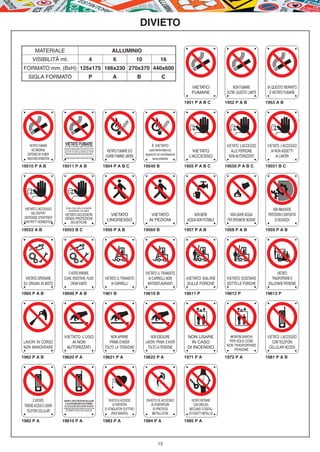 DIVIETO

         MATERIALE                                                                                                                                                                                                        ALLUMINIO
       VISIBILITÀ mt.                                                                                                                                                              4                                       6                    10                16
FORMATO mm. (BxH) 125x175 166x230 270x370 440x600
    SIGLA FORMATO                                                                                                                                                                P                                         A                    B                  C
                                                                                                                                                                                                                                                                                       VIETATO                  NON FUMARE          IN QUESTO REPARTO
                                                                                                                                                                                                                                                                                       FUMARE               OLTRE QUESTO LIMITE       È VIETATO FUMARE

                                                                                                                                                                                                                                                                                   1951 P A B C             1952 P A B              1953 A B




     VIETATO FUMARE             VIETATO FUMARE
                             Art. 51 Legge n. 3 del 16/01/2003 - allegato D.P.C.M. del 23/12/2003                                                                                                                                                          È VIETATO                                        VIETATO L’ACCESSO       VIETATO L’ACCESSO
       NO SMOKING                                                                                                                                                                                                                                       usare fiamme libere e/o
                         I trasgressori sono soggetti al pagamento di una somma da  27,5 a  275
                         La misura della sanzione è raddoppiata qualora la violazione sia commessa in presenza di una donna in evidente stato di gravidanza o in presenza di lattanti o bambini fino a dodici anni
                           Legge n. 584 del 11/11/1975 - D.P.C.M. del 14/12/1995 - Legge n. 448 del 28/12/2001 - Legge n. 311 del 30/12/2004                                                                           VIETATO FUMARE E/O                                              VIETATO                 ALLE PERSONE           AI NON ADDETTI
   DEFENSE DE FUMER              Spetta all’Autorità competente oltreché al personale incaricato:
                                                                                                                                                                                                                                                     apparecchi ad incandescenza
                                                                                                                                                                                                                      USARE FIAMME LIBERE                                            L’ACCESSO               NON AUTORIZZATE              AI LAVORI
   RAUCHEN VERBOTEN        vigilare sull’osservanza del divieto ed accertare le relative infrazioni
                                                                                                                                                                                                                                                           senza protezione

19510 P A B              19511 P A B                                                                                                                                                                                 1954 P A B C                    19540 B                       1955 P A B C             19550 P A B C           19551 B C




 VIETATO L’ACCESSO                  ZONA CON LIVELLO SONORO
                                      SUPERIORE A 85 DB(A)                                                                                                                                                                                                                                                                              NON RIMUOVERE
     NO ENTRY                  VIETATO ACCEDERE                                                                                                                                                                          VIETATO                         VIETATO                        NON BERE               NON USARE ACQUA       PROTEZIONI E DISPOSITIVI
 DEFENSE D’ENTRER              SENZA PROTEZIONI
 EINTRITT VERBOTEN
                                                                                                                                                                                                                      L’INGRESSO                        AI PEDONI                   ACQUA NON POTABILE       PER SPEGNERE INCENDI         DI SICUREZZA
                                   ACUSTICHE

19552 A B                19553 B C                                                                                                                                                                                   1956 P A B                      19560 B                       1957 P A B               1958 P A B              1959 P A B




                              È VIETATO RIPARARE,                                                                                                                                                                                                    VIETATO IL TRANSITO                                                                  VIETATO
 VIETATO OPERARE          OLIARE, REGISTRARE, PULIRE                                                                                                                                                                 VIETATO IL TRANSITO               AI CARRELLI NON             VIETATO SALIRE           VIETATO SOSTARE            TRASPORTARE E
SU ORGANI IN MOTO               ORGANI IN MOTO                                                                                                                                                                           AI CARRELLI                  ANTIDEFLAGRANTI              SULLE FORCHE             SOTTO LE FORCHE          SOLLEVARE PERSONE

1960 P A B               19600 P A B                                                                                                                                                                                 1961 B                          19610 B                       19611 P                  19612 P                 19613 P




                          VIETATO L’USO                                                                                                                                                                                  NON APRIRE                      NON ESEGUIRE               NON USARE                 MONTACARICHI          VIETATO L’ACCESSO
LAVORI IN CORSO               AI NON                                                                                                                                                                                    PRIMA D’AVER                 LAVORI PRIMA D’AVER              IN CASO                PER SOLE COSE             CON TELEFONI
                                                                                                                                                                                                                                                                                                            NON TRASPORTARE
NON MANOVRARE              AUTORIZZATI                                                                                                                                                                               TOLTO LA TENSIONE                 TOLTO LA TENSIONE            DI INCENDIO                                      CELLULARI ACCESI
                                                                                                                                                                                                                                                                                                                PERSONE

1962 P A B               19620 P A                                                                                                                                                                                   19621 P A                       19622 P A                     1971 P A                 1972 P A                1981 P A B




        È VIETATO        VIETATO L'USO DI TELEFONI CELLULARI                                                                                                                                                            DIVIETO DI ACCESSO            DIVIETO DI ACCESSO               VIETATO ENTRARE
                          O DI ALTRI DISPOSITIVI ELETTRONICI
 TENERE ACCESI E USARE   al fine di acquisire e/o divulgare dati personali (immagini, filmati, registrazioni
                            vocali, ecc.) senza preventivo consenso scritto della persona interessata.
                                                                                                                                                                                                                            AI PORTATORI                  AI PORTATORI                   CON OROLOGI
                         I TRASGRESSORI SONO SOGGETTI A SANZIONI DA E 3.000 A E 30.000
                                                                                                                                                                                                                     DI STIMOLATORI ELETTRICI              DI PROTESI                MECCANICI O DIGITALI
   TELEFONI CELLULARI
                                  Direttiva del Ministero della Pubblica Istruzione n. 104 del 30/11/2007
                                   D.Lgs. 30/06/2003 n. 196 - Codice in materia di tutela della privacy


                                                                                                                                                                                                                           (PACE MAKERS)                  METALLICHE                 ED OGGETTI METALLICI

1982 P A                 19810 P A                                                                                                                                                                                   1983 P A                        1984 P A                      1985 P A




                                                                                                                                                                                                                                                                13
 