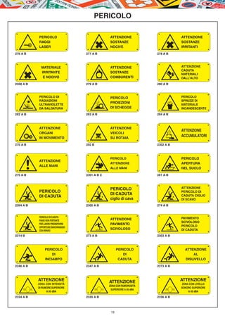 PERICOLO

           PERICOLO                              ATTENZIONE                       ATTENZIONE
           RAGGI                                 SOSTANZE                         SOSTANZE
           LASER                                 NOCIVE                           IRRITANTI

276 A B                             277 A B                            278 A B



             MATERIALE                           ATTENZIONE                       ATTENZIONE
                                                                                  CADUTA
             IRRITANTE                           SOSTANZE
                                                                                  MATERIALI
              E NOCIVO                           COMBURENTI                       DALL'ALTO
2358 A B                            279 A B                            280 A B



           PERICOLO DI                           PERICOLO                         PERICOLO
           RADIAZIONI                                                             SPRUZZI DI
                                                 PROIEZIONI
           ULTRAVIOLETTE                                                          MATERIALE
           DA SALDATURA                          DI SCHEGGE                       INCANDESCENTE
282 A B                             283 A B                            284 A B



           ATTENZIONE                            ATTENZIONE
                                                                                  ATTENZIONE
           ORGANI                                VEICOLI
           IN MOVIMENTO                          SU ROTAIA
                                                                                  ACCUMULATORI

270 A B                             292 B                              2302 A B



                                                 PERICOLO                         PERICOLO
           ATTENZIONE
                                                 ATTENZIONE                       APERTURA
           ALLE MANI
                                                 ALLE MANI                        NEL SUOLO

275 A B                             2301 A B C                         281 A B



                                                 PERICOLO                         ATTENZIONE
           PERICOLO                                                               PERICOLO DI
                                                 DI CADUTA
           DI CADUTA                                                              CADUTA CIGLIO
                                                 ciglio di cava                   DI SCAVO
2304 A B                            2305 A B                           274 A B


           PERICOLO DI CADUTA                                                     PAVIMENTO
           PIANO NON PORTANTE                    ATTENZIONE
                                                                                  SCIVOLOSO
           PER LAVORI PREDISPORRE                PAVIMENTO
           OPPORTUNO BANCHINAGGIO                                                 PERICOLO
           CON RIPARO
                                                 SCIVOLOSO                        DI CADUTA
2314 B                              273 A B                            2303 A B



               PERICOLO                                PERICOLO                     ATTENZIONE
                   DI                                     DI                            AL
               INCIAMPO                                 CADUTA                      DISLIVELLO

2346 A B                            2347 A B                           2373 A B



           ATTENZIONE                            ATTENZIONE                       ATTENZIONE
           ZONA CON INTENSITÀ                                                      ZONA CON LIVELLO
                                                 ZONA CON RUMOROSITÀ
           DI RUMORE SUPERIORE                                                    SONORO SUPERIORE
                                                  SUPERIORE A 85 dBA
                 A 85 dBA                                                              A 85 dBA

2334 A B                            2335 A B                           2336 A B



                                                  19
 