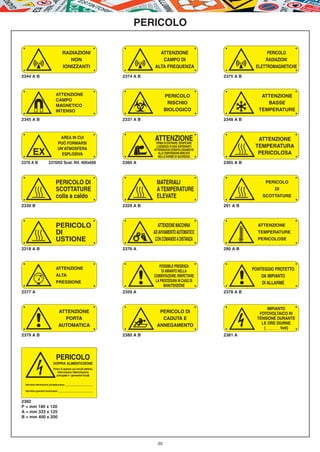 PERICOLO

                    RADIAZIONI                        ATTENZIONE                                      PERICOLO
                       NON                             CAMPO DI                                      RADIAZIONI
                    IONIZZANTI                      ALTA FREQUENZA                               ELETTROMAGNETICHE

2344 A B                                 2374 A B                                    2375 A B



               ATTENZIONE                                  PERICOLO                                ATTENZIONE
               CAMPO
                                                            RISCHIO                                  BASSE
               MAGNETICO
               INTENSO                                     BIOLOGICO                              TEMPERATURE

2345 A B                                 2337 A B                                    2348 A B



                    AREA IN CUI
                   PUÒ FORMARSI
                                                    ATTENZIONE
                                                    PRIMA DI ENTRARE, VERIFICARE
                                                                                                  ATTENZIONE
                   UN’ATMOSFERA
                                                      L’ASSENZA DI GAS ASFISSIANTI               TEMPERATURA
     EX              ESPLOSIVA
                                                    ATTENENDOSI SCRUPOLOSAMENTE
                                                        ALLE DISPOSIZIONI INDICATE
                                                       NELLE NORME DI SICUREZZA
                                                                                                  PERICOLOSA
2370 A B	   2370/02 Scat. Rif. 400x600   2360 A                                      2365 A B



               PERICOLO DI                           MATERIALI                                        PERICOLO
               SCOTTATURE                            A TEMPERATURE                                         DI
               colla a caldo                         ELEVATE                                         SCOTTATURE

2330 B                                   2329 A B                                    291 A B



               PERICOLO                               ATTENZIONE MACCHINA                         ATTENZIONE
               DI                                   AD AVVIAMENTO AUTOMATICO                      TEMPERATURE
               USTIONE                               CON COMANDO A DISTANZA                       PERICOLOSE

2318 A B                                 2376 A                                      290 A B



               ATTENZIONE                              POSSIBILE PRESENZA
                                                         DI AMIANTO NELLA                       PONTEGGIO PROTETTO
               ALTA                                 COIBENTAZIONE. RISPETTARE                       DA IMPIANTO
               PRESSIONE                             LA PROCEDURA IN CASO DI
                                                                                                    DI ALLARME
                                                          MANUTENZIONE
2377 A                                   2359 A                                      2378 A B


                                                                                                       IMPIANTO
                   ATTENZIONE                          PERICOLO DI                                 FOTOVOLTAICO IN
                     PORTA                              CADUTA E                                  TENSIONE DURANTE
                                                                                                    LE ORE DIURNE
                   AUTOMATICA                         ANNEGAMENTO
                                                                                                     (___________ Volt)
2379 A B                                 2380 A B                                    2381 A




2382
P = mm 180 x 120
A = mm 333 x 125
B = mm 400 x 200




                                                      20
 