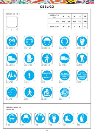 OBBLIGO

FORMATO A G F B C
                                                                    VISIBILITÀ
                                                                        mt.            4          6    10       12       18

                                                                  L        mm        125         166   270     333       500

                                                                    FORMATO            A         G     F        B        C
        L




300 A G F B C               301 A F B C             302 A G F B C                303 A G F B C               304 A G F B C




305 A G F B C               306 A G F B C           307 A G F B C                308 A F B C                 309 A F B




                                                      CHIUDERE                     per favore                    questa
                                                                                   CHIUDERE                   PORTA DEVE
                                                          IL
                                                                                   LA PORTA                    RIMANERE
                                                      CANCELLO                       grazie                     CHIUSA

310 A F B C                 311 A B                 313 F                        317 A F                     318 A F




319 A F B                   320 F B                 321 A G F                    322 A F




SEGNALI A NORME CEE
Lato mm. 400




C 300               C 301                   C 302                C 303                C 304                  C 305



                                                            25
 