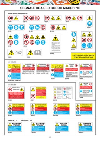 E-ABC-pag29-35_Layout 1 23/06/11 14.17 Pagina 31




                                                                           SEGNALETICA PER BORDO MACCHINE
        Segnali multipli simbolo mm 50




        20100                                                                                   20101                                                                                                           20102                                                                                                                 20103



                                                                                                                                                                                                                                                                                                                                                                                                                                         20109

        20104                                                                                                          20105                                                                                                             20106




                                                                                                                                                                                                                                              ╙ Leggere attentamente il manuale
                                                                                                                                                                                                                                                 dell’operatore prima di far funzionare la
                                                                                                                                                                                                                                                 macchina. Osservare le norme e le
                                                                                                                                                                                                                                                 istruzioni di sicurezza durante il
                                                                                                                                                                                                                                                 funzionamento.
                                                                                                                                                                                                                                              ╘ Lire le livret d’entretien et le conseile
                                                                                                                                                                                                                                                 de sécurité avant la mise en marche
        20107                                                                                    20108                                                                                                                                           et en tenir compte pendant le fonc -
                                                                                                                                                                                                                                                 tionnement.
                                                                                                                                                                                                                                              ╞ Carefully read Operator’s Manual
                                                                                                                                                                                                                                                 before handling the machine. Observe
                                                                                                                                                                                                                                                 instructions and safety rules when
                                                                                                                                                                                                                                                 operating.
                                                                                                                                                                                                                                              ࡅ Vor Inbetriebnahme die Betriebsan -
                                                                                                                                                                                                                                                 leitung und Sicherheitshinweise lesen
                                                                                                                                                                                                                                                                                                                                                                                20110                 20111
                                                                                                                                                                                                                                                 und beachten.




                                                                                                                                                                                                                                          20202
                                                                                                                                                                                                                                                                                                                                                                                      Produzione su richiesta
        20200                                                                                                 20201                                                                                                                                                                                                                                                                    di altre comPosizioni

        mm 140 x 150

                    ATTENZIONE                                                                          ATTENZIONE:                                                          ATTENZIONE/ATENCIÓN:                                                               ATTENZIONE                                                                                       CAUTION:                                      ATTENZIONE:
                    WA R N I N G                                                                              ORGANI IN                                                           ORGANI IN ROTAZIONE                                                                                                                                                                 PARTS IN                                         ZONA IN
                    AT T E N T I O N                                                                          ROTAZIONE                                                           PARTES EN ROTACIÓN                                                            WA R N I N G                                                                                          ROTATION                                      TEMPERATURA
                    AT E N C I Ó N                                                             È VIETATO INTERVENIRE SUGLI                                      È VIETATO INTERVENIRE SUGLI ORGANI ROTANTI                                                      ATTENTION
                                                                                                                                                                QUANDO LA MACCHINA È IN FUNZIONE.                                                                                                                                                                                                È VIETATO ACCEDERE ALLE ZONE
                    • NON RIMUOVERE I DISPOSITIVI E LE
                                                                                               ORGANI ROTANTI QUANDO LA                                         ESTA PROHIBIDO TOCAR LAS PARTES EN ROTACIÓN                                                     • NON RIMUOVERE I DISPOSITIVI E LE                                      IT IS FORBIDDEN TO REMOVE                                IN TEMPERATURA O IN PROSSIMITÀ
                      PROTEZIONI DI SICUREZZA                                                  MACCHINA È IN FUNZIONE                                           MIENTRAS LA MÁQUINA ESTÁ EN FUNCIONAMIENTO.                                                       PROTEZIONI DI SICUREZZA                                               SAFETY GUARDS WHEN MACHINE                               CON PARTI DEL CORPO SCOPERTE
                    • DO NOT REMOVE SECURITY GUARDS                                                                                                                                                                                                             • DO NOT REMOVE SECURITY GUARDS
                    • IL EST INTERDIT D’ENLEVER LES                                           • PRIMA DI INTERVENIRE SUGLI ORGANI ROTANTI O IN              • PRIMA DI INTERVENIRE SUGLI ORGANI ROTANTI O IN PROSSIMITÀ ARRESTARE LA
                                                                                                                                                              MACCHINA, TOGLIERE TENSIONE E SEGNALARE L’INTERVENTO IN CORSO.
                                                                                                                                                                                                                                                                                                                                        IS WORKING OR ON TENSION
                      PROTECTIONS DE SECURITE                                                   PROSSIMITÀ ARRESTARE LA MACCHINA, TOGLIERE                                                                                                                      • IL EST INTERDIT D’ENLEVER LES
                                                                                                                                                            • ANTES DE TOCAR LAS PARTES EN ROTACIÓN (O EN MOVIMIENTO) PARAR LA                                    PROTECTIONS DE SECURITE                                                                                                                       PRIMA DI INTERVENIRE
                    • NO EXTRAIGA LOS DISPOSITIVOS Y LAS                                        TENSIONE E SEGNALARE L’INTERVENTO IN CORSO.                   MÁQUINA, APAGARLA Y SEÑALIZAR LA EXISTENCIA DE LA INTERVENCIÓN EN CURSO.
                      PROTECCIONES DE SEGURIDAD.                                                                                                                                                                                                                                                                                                                                                                PROTEGGERE LE PARTI
                                                                                                                                                                                                                                                                • INIZIARE I LAVORI DI MANUTENZIONE
                                                                                                                                                                                                                                                                                                                                     • BEFORE REMOVING THE SAFETY                                               DEL CORPO CON ADE-
                    • INIZIARE I LAVORI DI MANUTENZIONE
                      SOLO AD AVVENUTA ATTUAZIONE DELLE
                                                                                        20301 mm 140 x 90                                                 20302 mm 140 x 90                                                                                       SOLO AD AVVENUTA ATTUAZIONE DELLE
                                                                                                                                                                                                                                                                  MISURE DI SICUREZZA
                                                                                                                                                                                                                                                                                                                                       GUARDS DECONNECT MACHINE FROM
                                                                                                                                                                                                                                                                                                                                       ITS ELECTRICAL AND PNEUMATICAL
                                                                                                                                                                                                                                                                                                                                                                                                                GUATE PROTEZIONI INDIVI-
                                                                                                                                                                                                                                                                                                                                                                                                                DUALI (GUANTI, OCCHIALI
                      MISURE DI SICUREZZA                                                                                                                                                                                                                       • DO NOT REPAIR OR ADJUST MACHINE                                                                                                               O MASCHERE).
                                                                                                                                                                                                                                                                                                                                       FEEDING SOURCES.
                    • DO NOT REPAIR OR ADJUST MACHINE                                                                                                                                                                                                             WHILST IN MOTION
                      WHILST IN MOTION
                    • IL EST INTERDIT DE REPARER OU
                                                                                                                                                                                                                                                                • IL EST INTERDIT DE REPARER OU                                      • START EVENTUAL OPERATIONS ONLY                          • PRIMA DI EFFETTUARE INTERVENTI DI PULIZIA,
                      EFFECTUER TRAVAUX DE MANUTENTION                                                                                                                                                                                                            EFFECTUER TRAVAUX DE MANUTENTION                                     WHEN SAFETY FEATURES HAVE BEEN
                                                                                                                                                                                                                                                                  AVEC LA MACHINE EN MOUVEMENT                                                                                                   MESSA A PUNTO O MANUTENZIONE SCOLLEGARE
                      AVEC LA MACHINE EN MOUVEMENT                                                                                                                                                                                                                                                                                     EXECUTED.                                                 LA MACCHINA DALLE FONTI DI ALIMENTAZIONE.
                    • INICIE LOS TRABAJOS DE MANTENIMIENTO
                      SOLO DESPUÉS DE TOMAR LAS MEDIDAS
                      DE SEGURIDAD NECESARIAS
                                                                                                                                                                                                                                              20303                                                                                20304                                                      20305
         20300 mm 100 x 120

                                                                                                                                                                                                                                                                                                                                                                                                                    CAUTION:
                                                                                                                                                                                                                                                                                                                                                                                                                       ZONE IN
        mm 300 x 200                                                                                                                                                                                                                                                                                                                                                                                                TEMPERATURE

                                                                                                                                                                                                                                                         SEGNALETICA DI SICUREZZA - SIGNALISATION DE SECURITE - WARNUNGSZEICHEN - WARNING SIGNALS
                                                                                                                                                                                                                                                                                                                                                                                                 IT IS FORBIDDEN TO APPROACH (OR NEAR)
                     ATTENZIONE PERICOLO                                                                                                                                                                                                                                                                                                                                                         THE ZONES IN TEMPERATURE WITH PARTS
                                                                                                                                                      QUADRO ELETTRICO
                                                                                                                                                                                                                                                                         ATTENZIONE! TOGLIERE TENSIONE PRIMA DI                           VIETATO RIPARARE, REGISTRARE,
                                                                                                                                                                                                                                                                         EFFETTUARE MANOVRE O INTERVENTI                                  LUBRIFICARE O PULIRE ORGANI IN MOTO
                                                                                                                                                                                                                                                                         ATTENTION! AVANT D’EXECUTER DES MANOEUVRES
                                                                                                                                                                                                                                                                         OU UNE INTERVENTION QUELCONQUE,
                                                                                                                                                                                                                                                                                                                                          DEFENSE DE REPARER, REGLER, LUBRIFIER
                                                                                                                                                                                                                                                                                                                                          OU NETTOYER LES MECANISMES EN MOUVEMENT
                                                                                                                                                                                                                                                                                                                                                                                                 OF THE BODY NOT PROPERLY PROTECTED.
                           WARNING DANGER                                                                                                              SOTTO TENSIONE                                                                                                    N’OUBLIEZ D’ENLEVER LA TENSION
                                                                                                                                                                                                                                                                         ACHTUNG! SCHALTEN SIE DIE SPANNUNG VOR
                                                                                                                                                                                                                                                                         JEDER SCHALTUNG ODER INTERVENTION AUS
                                                                                                                                                                                                                                                                                                                                          MASCHINENTEILE NUR BEI STEHENDER
                                                                                                                                                                                                                                                                                                                                          MASCHINE REPARIEREN, EINSTELLEN,
                                                                                                                                                                                                                                                                                                                                          SCHMIEREN ODER REINIGEN

                                                                                                                                                                                È VIETATO                                                                                ATTENTION! CUT OFF POWER BEFORE
                                                                                                                                                                                                                                                                         EXECUTING ANY OPERATIONS
                                                                                                                                                                                                                                                                                                                                          FORBIDDEN TO REPAIR, ADJUST, LUBRICATE OR
                                                                                                                                                                                                                                                                                                                                          CLEAN MOVING PARTS                                                    BEFORE STARTING ANY
                                                                                                                                                       { ESEGUIRE LAVORI CON QUADRO SOTTO TENSIONE
                                                                                                                                                       { TOGLIERE I RIPARI E LE PROTEZIONI DI SICUREZZA PRIMA DI AVER
                                                                                                                                                       { TOLTO TENSIONE
                                                                                                                                                                                                                                                                                                                                                                                                                INTERVENTION PROTECT
                                                                                                                                                                                                                                                                         ATTENZIONE ALLE MANI: PERICOLO DI

                                                                                                                                                        QUALORA SIA NECESSARIO ESEGUIRE TALI OPERAZIONI CON
                                                                                                                                                                                                                                                                         SCHIACCIAMENTO
                                                                                                                                                                                                                                                                                                                                          PROTEGGERE L’UDITO
                                                                                                                                                                                                                                                                                                                                          PROTEGER L’OUIE
                                                                                                                                                                                                                                                                                                                                                                                                                THE BODY WITH THE
                                                                                                                                                        QUADRO SOTTO TENSIONE SI DOVRANNO ADOTTARE LE CAUTELE                                                            GARDEZ LES MAINS: DANGER DE PINCEMENT
                                                                                                                                                        A DIFESA DELL'INCOLUMITÀ DEL LAVORATORE STABILITE DAL                                                            AUF DIE HÄNDE ACHTEN: QUETSCHGEFAHR
                                                                                                                                                                                                                                                                                                                                          GEHÖRSCHUTZ TRAGEN                                                    PROPER INDIVIDUAL
           TENSIONE RESIDUA ASPETTARE                                                                                                                   RISPETTIVO CAPO REPARTO PREPOSTO.                                                                                BEWARE OF HANDS: PINCH HAZARD
                                                                                                                                                                                                                                                                                                                                          USE EAR PROTECTION
                                                                                                                                                                                                                                                                                                                                                                                                                PROTECTIONS: GLOVES,
                                                                                                                                                                WARNING - IT IS PROHIBITED                                                                                                                                                                                                                      GLASSES, MASK.
           5 MINUTI PRIMA DI OPERARE SU                                                                                                                { TO PERFORM WORKS ON ALIVE SWITCHBOARD
                                                                                                                                                       { TO REMOVE SAFETY GUARDS AND PROTECTIONS BEFORE TO SWITCH                                                        ATTENZIONE ALLE MANI: ORGANI IN MOVIMENTO                        È OBBLIGATORIO USARE GLI OCCHIALI
                                                                                                                                                       { OFF VOLTAGE
             QUESTA APPARECCHIATURA                                                                                                                     WHENEVER IT SHOULD BE NECESSARY TO PERFORM SAID
                                                                                                                                                        OPERATIONS WITH ALIVE SWITCHBOARD THEY MUST BE ADOPTED
                                                                                                                                                                                                                                                                         GARDEZ LES MAINS: MECANISMES EN MOUVEMENT
                                                                                                                                                                                                                                                                         ACHTUNG: BEWEGLICHE MASCHINENTEILE
                                                                                                                                                                                                                                                                                                                                          IL EST DE RIGUEUR D’UTILISER LES LUNETTES
                                                                                                                                                                                                                                                                                                                                          AUGENSCHUTZ TRAGEN
                                                                                                                                                                                                                                                                                                                                                                                               • BEFORE STARTING CLEANING, CHECKING OR
                                                                                                                                                        ALL CAUTIONS IN DEFENCE OF PERSONAL SAFETY OF THE WORKER
                                                                                                                                                                                                                                                                         BEWARE OF HANDS: MOVING PARTS                                    WEAR EYE PROTECTION                                    MAINTENANCE INTERVENTIONS DECONNECT
                 RESIDUAL VOLTAGE                                                                                                                       AS ESTABLISHED BY THE DEPARTMENT MANAGER
                                                                                                                                                                                                                                                                                                                                                                                                 MACHINE FROM ITS FEEDING SOURCES.

             WAIT FOR 5 MINUTES BEFORE                                                                                                                              ALIVE
                                                                                                                                                                                                                                                                         VIETATO RIMUOVERE I DISPOSITIVI DI SICUREZZA
                                                                                                                                                                                                                                                                         DEFENSE D’ENLEVER LES DISPOSITIFS



             TO OPERATE ON THIS DEVICE                                                                                                                           SWITCHBORD
                                                                                                                                                                                                                                                                         DE SECURITE
                                                                                                                                                                                                                                                                         SICHERHEITSVORRICHTUNGEN NICHT
                                                                                                                                                                                                                                                                         ENTFERNEN
                                                                                                                                                                                                                                                                         FORBIDDEN TO REMOVE SAFETY DEVICES
                                                                                                                                                                                                                                                                                                                        21052 BUSTO ARSIZIO
                                                                                                                                                                                                                                                                                                                        Corso XX Settembre, 37
                                                                                                                                                                                                                                                                                                                                                         Tel. 0331/836.459-638.546
                                                                                                                                                                                                                                                                                                                                                         Telefax 0331/323.001
                                                                                                                                                                                                                                                                                                                                                                                              20306
         20330                                                                                                               20331                                                                                                                      20332


                       IMPIANTI ELETTRICI                                                                                                        ÉQUIPEMENTS ELECTRIQUES                                                                                                          ELECTRIC EQUIPMENT                                                                                              ELEKTRISCHE ANLAGEN
                        SOTTO TENSIONE                                                                                                                 SOUS TENSION                                                                                                                  UNDER POWER                                                                                                    UNTER SPANNUNG
                       È VIETATO                                                                                                                                                                                                                                                                                                                                                                 ES IST VERBOTEN
                       I   Eseguire lavori su impianti sotto tensione.                                                                           DEFENSE                                                                                                                         CAUTION                                                                                                         I   An der Anlage arbeiten unter Spannung auszuführen.
                                                                                                                                                 I   D’effectuer des travaux sur les équipements sous tensions.                                                                  I    Do not carry out any works on equipment under power.
                       I   Toccare gli impianti se non si è autorizzati.                                                                                                                                                                                                                                                                                                                         I   Die Anlagen von Nicht-bevollmächtigten zu bedienen.
                                                                                                                                                 I   De toucher les équipements sans autorisation.                                                                               I    Do not touch equipment if not authorised.
                       I   Togliere i ripari e le custodie di sicurezza prima                                                                                                                                                                                                                                                                                                                    I   Vor dem Ausschalten der Spannung die Sicherheitsvorrichtungen
                                                                                                                                                 I   D’enlever les protections sans avoir coupé le courant.                                                                      I    Do not remove protections if the power is on.
                           di aver tolto tensione.                                                                                                                                                                                                                                                                                                                                                   abzunehmen.



                       È OBBLIGATORIO                                                                                                                                                                                                                                                                                                                                                            ES IST OBLIGATORISCH
                       I   Aprire gli interruttori di alimentazione del circuito prima
                                                                                                                                                 IL EST OBLIGATOIRE                                                                                                              IT IS COMPULSORY                                                                                                I   Vor Wartungs-und Reparaturarbeiten die Spannungsversorgung zu
                           di effettuare interventi.                                                                                             I   Enlever tension du circuit avant d’effectuer des travaux.                                                                   I    Turn off the power of the circuit, before carrying out any works.                                              öffnen.
                                                                                                                                                 I   S’assurer de la mise a terre avant de commencer les travaux.                                                                I    Make sure of the ground before carrying out any works.                                                     I   Sich vom Erdungsanschluss vor Beginn der Arbeiten zu
                       I   Assicurarsi del collegamento a terra prima di iniziare i lavori.
                                                                                                                                                 I   Etre bien isolé de la terre, mains et pieds secs, utiliser estrades et                                                      I    Keep well insulated from the ground, hands and feet dry, use                                                   vergewissern.
                       I   Tenersi ben isolati da terra, con mani e piedi asciutti                                                                                                                                                                                                                                                                                                               I   Sich mit trockenen Händen und Füssen, Sicherheitsschuhe und
                                                                                                                                                     gants isolants.                                                                                                                  boards and insulating gloves.
                           e usando pedane e guanti isolanti.                                                                                                                                                                                                                                                                                                                                        Isolationshandschuhe tragend, gut isoliert von der Erde zu halten.
                                                                                                                                                 I   Garder les materiaux etrangers loins de l’équipement.                                                                       I    Keep off foreign materials from the equipment.
                       I   Tenere lontani dagli impianti materiali estranei.                                                                                                                                                                                                                                                                                                                     I   Artfremde Materialen von der Anlage zu fernzuhalten




         20333                                                                                                               20333/1                                                                                                                    20333/2                                                                                                                          20333/3


        A = mm 90 x 70                                                          B = mm 300 x 200

                     ATTENZIONE                                                                                                                      ATTENTION                                                                                                                                        CAUTION                                                                                                      ATENCION
                            IMPIANTO ARIA                                                                                                               INSTALLATION AIR                                                                                                                                      AIR SYSTEM                                                                                             INSTALACIÓN DE
                             IN PRESSIONE                                                                                                                 EN PRESSION                                                                                                                                        IN PRESSURE                                                                                              AIRE A PRESIÓN
                 Prima di iniziare qualsiasi                                                                                                Avant de commencer quelconque                                                                                                         Before starting any                                                                                                   Antes de iniciar cualquier
                 intervento manutentivo o                                                                                                   intervention de manutention ou de                                                                                                     maintenance intervention or                                                                                           intervención de mantenimiento o
                 riparazione, È OBBLIGATORIO:                                                                                               réparation, EST OBLIGATOIRE:                                                                                                          repairing, IT’S MANDATORY:                                                                                            reparación, ES OBLIGATORIO:
          1) arrestare il macchinario;                                                                                              1) arrêter l’équipement;                                                                                                         1) stopping machinery;                                                                                                   1) parar la maquinaria;
          2) scaricare la pressione dell’aria                                                                                       2) décharger la pression de l’aire au                                                                                            2) discharging air pressure through                                                                                      2) descargar la presión del aire mediante
             mediante specifico comando;                                                                                               moyen de la spécifique vanne;                                                                                                    specific control;                                                                                                        el comando especifico;
          3) verificare l’avvenuta depressurizzazione                                                                               3) vérifier la dépressurisation au moyen                                                                                         3) checking depressurizing stop through                                                                                  3) verificar la despresurización acontecida
             mediante l’apposito manometro.                                                                                            de spécial manometre.                                                                                                            suitable pressure gauge.                                                                                                 mediante el manómetro adecuado.



         20340                                                                                                                   20340/1                                                                                                                         20340/2                                                                                                                     20340/4


                                                                                                                                                                                                                                         31
 
