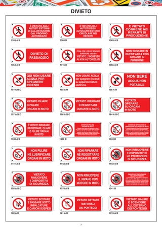 DIVIETO

             È VIETATO AGLI                       È VIETATO AGLI                                                 È VIETATO
            AUTISTI ESTERNI                       AUTISTI DEGLI                                                 CORRERE NEI
            DI ALLONTANARSI                     AUTOCARRI ESTERNI
              DAL PROPRIO                         CIRCOLARE NEI                                                  REPARTI DI
               AUTOMEZZO                             REPARTI                                                    PRODUZIONE
1358 A B                          1368 B                                                            1369 A B




                                                ZONA CON LIVELLO SONORO                                         NON SOSTARE IN
              DIVIETO DI                           SUPERIORE A 85 dBA                                           QUEST’AREA CON
                                                VIETATO L’INGRESSO                                                IMPIANTI IN
             PASSAGGIO                          AI NON AUTORIZZATI                                                 FUNZIONE
1354 A B                          1416 B                                                            1355 A B




            QUI NON USARE                      NON USARE ACQUA                                                     NON BERE
            ACQUA PER                          per spegnere incendi
            SPEGNERE                           su apparecchiature                                                    ACQUA NON
            INCENDI                            elettriche                                                             POTABILE
154 A B C                         155 A B                                                           156 A B




            VIETATO OLIARE                     VIETATO RIPARARE                                                 VIETATO
                                                                                                                OPERARE
            O PULIRE                             O REGISTRARE
                                                                                                                SU ORGANI
            ORGANI IN MOTO                      DURANTE IL MOTO                                                 IN MOTO
157 A B C                         158 A B C                                                         164 A B C




            È VIETATO RIPARARE,                           DIVIETO DI PULIRE
                                                          ORGANI IN MOTO
                                                                                                                    DIVIETO DI OPERAZIONI DI
                                                                                                                RIPARAZIONE SU ORGANI IN MOTO
            REGISTRARE, OLIARE                    È vietato pulire oliare od ingrassare a mano
                                               gli organi e gli elementi in moto delle macchine.
                                                                                                                È vietato compiere su organi in moto qualsiasi
                                                                                                                 operazione di riparazione o di registrazione.
              O PULIRE ORGANI                      Nel caso che ciò sia richiesto da particolari
                                                   esigenze tecniche deve essere preavvertito
                                                                                                                Qualora sia necessario eseguire tali operazioni
                                                                                                                durante il moto si dovranno adottare le cautele
                                               il rispettivo Capo Reparto il quale disporrà l’uso               a difesa dell’incolumità del lavoratore stabilite
                  IN MOTO                            di mezzi idonei ad evitare ogni pericolo                        dal rispettivo Capo Reparto preposto.


1340 A B                          1342 B                                                            1343 B




              NON PULIRE                         NON RIPARARE                                                   NON RIMUOVERE
                                                                                                                 I DISPOSITIVI E
            NÈ LUBRIFICARE                      NÈ REGISTRARE                                                    LE PROTEZIONI
            ORGANI IN MOTO                      ORGANI IN MOTO                                                    DI SICUREZZA
1441 A B                          1442 A B                                                          1443 A B




                VIETATO                         NON RIMUOVERE                                                        RIMOZIONE TEMPORANEA
                                                                                                                        DELLE PROTEZIONI
              RIMUOVERE                                                                                          Le protezioni ed i dispositivi di sicurezza

             I DISPOSITIVI                       IL RIPARO CON                                                  delle macchine NON devono essere rimossi
                                                                                                                se non per necessità di lavoro ed adottando
                                                                                                                immediatamente misure per ridurre al limite

             DI SICUREZZA                       MOTORE IN MOTO                                                   minimo possibile il pericolo che ne deriva,
                                                                                                                 sotto la sorveglianza dei superiori diretti.


159 A B C                         1378 A B                                                          1341 B




            VIETATO SOSTARE                      VIETATO GETTARE                                                 VIETATO SALIRE
            E PASSARE SOTTO                                                                                        E SCENDERE
                                                    MATERIALI
               IMPALCATURE                                                                                        ALL’ESTERNO
            E CARICHI SOSPESI                      DAI PONTEGGI                                                   DEI PONTEGGI
160 A B                           161 A B                                                           1316 A B




                                                        7
 