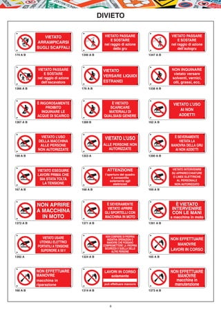 DIVIETO

              VIETATO                         VIETATO PASSARE                         VIETATO PASSARE
                                                  E SOSTARE                               E SOSTARE
           ARRAMPICARSI                       nel raggio di azione                    nel raggio di azione
           SUGLI SCAFFALI                           della gru                             dell’autogru
174 A B                           1346 A B                                 1347 A B




           VIETATO PASSARE                    VIETATO                                 NON INQUINARE
               E SOSTARE                                                               vietato versare
           nel raggio di azione
                                              VERSARE LIQUIDI                         solventi, vernici,
             dell’escavatore                  ESTRANEI                                 olii, grassi, ecc.
1366 A B                          176 A B                                  1338 A B




           È RIGOROSAMENTE                        È VIETATO                            VIETATO L’USO
                PROIBITO                         SCARICARE
              INQUINARE LE                      MATERIALI DI
                                                                                           AI NON
           ACQUE DI SCARICO                   QUALSIASI GENERE                            ADDETTI
1367 A B                          1389 B                                   162 A B




            VIETATO L’USO                                                               È SEVERAMENTE
           DELLA MACCHINA
                                               VIETATO L’USO                               VIETATA LA
            ALLE PERSONE                      ALLE PERSONE NON                        MANOVRA DELLA GRU
           NON AUTORIZZATE                       AUTORIZZATE                            AI NON ADDETTI
199 A B                           1353 A                                   1390 A B




           VIETATO ESEGUIRE                      ATTENZIONE                           VIETATO INTERVENIRE
                                                                                      SU APPARECCHIATURE
           LAVORI PRIMA CHE                    l’apertura del quadro
                                                                                       O LINEE ELETTRICHE
            SIA STATA TOLTA                         è consentita
                                                   solamente agli                        AL PERSONALE
              LA TENSIONE                            elettricisti                       NON AUTORIZZATO
167 A B                           168 A B                                  169 A B




           NON APRIRE                           È SEVERAMENTE                           È VIETATO
                                                VIETATO APRIRE                        INTERVENIRE
           A MACCHINA                          GLI SPORTELLI CON                      CON LE MANI
             IN MOTO                           MACCHINA IN MOTO                       a macchina in moto
1372 A B                          1371 A B                                 1391 A B




              VIETATO USARE                     NON COMPIERE DI PROPRIA
                                                 INIZIATIVA OPERAZIONI O              NON EFFETTUARE
            UTENSILI ELETTRICI                   MANOVRE CHE POSSANO
           PORTATILI A TENSIONE               COMPROMETTERE LA PROPRIA                   MANOVRE
                                               SICUREZZA E QUELLA DELLE               LAVORI IN CORSO
             SUPERIORE A 50 V                         ALTRE PERSONE
1392 A                            1324 A B                                 165 A B



           NON EFFETTUARE                     LAVORI IN CORSO                         NON EFFETTUARE
           MANOVRE                               solamente                               MANOVRE
           macchina in                                                                   macchina in
           riparazione                        può effettuare manovre                    manutenzione
166 A B                           1314 A B                                 1373 A B




                                                   8
 