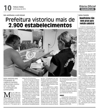 10                terça-feira
                                        20 de março de 2012
                                                                                                                                                                               Diário Oficial
                                                                                                                                                                                GUARUJÁ

                      leis antifumo e anti-álcool                                                                                                                             bolsa família


                         Prefeitura vistoriou mais de                                                                                                                           Beneficiários têm
                                                                                                                                                                                 novo prazo para
                                                                                                                                                                                revisão cadastral
                          2.900 estabelecimentos                                                                                                                                  Conforme determinação do
                                                                                                                                                                              Ministério do Desenvolvimento
                                                                                                                                                                              Social e Combate à Fome, a
José Ricardo Santos




                                                                                                                                                                              Prefeitura, por meio da Secreta-
                                                                                                                                                                              ria de Desenvolvimento Social
                                                                                                                                                                              e Cidadania, informa que foi
                                                                                                                                                                              prorrogado o prazo para a atu-
                                                                                                                                                                              alização cadastral do programa
                                                                                                                                                                              Bolsa Família dos munícipes que
                                                                                                                                                                              tiveram o benefício bloqueado no
                                                                                                                                                                              início deste ano, nos processos de
                                                                                                                                                                              Revisão Cadastral.
                                                                                                                                                                                  Agora, o Município terá até
                                                                                                                                                                              29 de março para realizar a atua-
                                                                                                                                                                              lização, evitando o cancelamento
                                                                                                                                                                              dos benefícios do programa,
                                                                                                                                                                              bloqueados no início de 2012. O
                                                                                                                                                                              prazo anterior se esgotava em 29
                                                                                                                                                                              de fevereiro.
                                                                                                                                                                                  Em Guarujá, mais de 1.300
                                                                                                                                                                              famílias se encontram nesta
                                                                                                                                                                              situação e poderão ter os be-
                                                                                                                                                                              nefícios cancelados a partir do
                                                                                                                                                                              mês que vem. “A atualização é
                                                                                                                                                                              importante para que o Cadastro
                                                                                                                                                                              Único seja um registro real da
                                                                                                                                                                              situação das famílias de baixa
                                                                                                                                                                              renda na Cidade. As famílias do
                                                                                                                                                                              PBF convocadas no processo de
                                                                                                                                                                              revisão e/ou averiguações terão
                                                                                                                                                                              benefícios cancelados, caso não
                                                                                                                                                                              façam a atualização”, disse a
                                                                                                                                                                              coordenadora do programa,
                                                                                                                                                                              Nilza Soares.
                                                                                                                                                                                  Já as famílias convocadas que
                                                                                                                                                                              estão no Cadastro Único, e não
                      Ação realizada pela                 último dia 29 de fevereiro.            por dia. “A fiscalização teve uma      por menores de 18 anos, mesmo         são beneficiárias do PBF, perdem
                                                              Entre os locais que receberam      grande aceitação dos comerciantes      que acompanhados pelos pais ou        o acesso a outras iniciativas que
                      Fiscalização da                     os fiscais da Vigilância Sani-         e também dos consumidores.”,           responsável.                          usam o CadÚnico na identifi-
                      Vigilância Sanitária                tária estão: restaurantes (563),       explicou a coordenadora da Fiscali-        As leis inspecionadas foram:      cação, como a Tarifa Social de
                      do Município contou                 lanchonetes (288), bares (246),        zação da Vigilância Sanitária, Lydia   Lei Estadual nº 13.541, que trata     Energia Elétrica, Isenção da
                                                          mercados (154), lojas de conve-        Maria de Araújo.                       do Antifumo proíbe o uso do           Taxa de Inscrição em Concursos
                      com seis fiscais                    niência (73) e casas noturnas (4).         A Lei regulamenta a rigidez        cigarro em ambientes públicos fe-     Públicos e a Aposentadoria para
                      na orientação aos                   Os estabelecimentos como hotéis,       na fiscalização e controle para        chados, e a Lei Estadual n° 14.592,   Donas de Casa.
                      comerciantes                        pousadas, serviços ambulantes de       o cumprimento da norma, que            de outubro de 2011, veta a venda          Para regularização, o bene-
                                                                                                                                                                              ficiário deve procurar a Casa



                      M
                                                          alimentação, sorveterias, cantinas,    proíbe vender, oferecer, entre-        e o consumo de bebidas alcoólicas
                                    ais de 2.900 esta-    docerias, colônia de férias e lojas    gar ou permitir que crianças e         para menores de 18 anos.              de Assistência Integrada (Rua
                                    belecimentos rece-    de departamento totalizaram            adolescentes consumam bebidas                                                Cavalheiro Nami Jafet, 669 –
                                    beram campanha        mais 355 locais, somando 2.938         alcoólicas. Pode ser aplicada a ba-    Serviço                               Centro) ou o Centro de Referên-
                                    de orientação para    estabelecimentos visitados.            res, restaurantes, casas noturnas          A população pode denunciar        cia de Assistência Social (Cras
                      comerciantes sobre as leis Anti-        Os agentes se dividiram em três    ou de espetáculo, lanchonetes,         as infrações dos estabelecimen-       – Vicente de Carvalho), que
                      álcool e Antifumo, em Guarujá.      duplas, que realizaram a operação      padarias, lojas de conveniências,      tos, no telefone da Ouvidoria         fica na Rua Oswaldo Aranha,
                      A ação realizada pela Prefeitura,   de quarta a domingo, das 18 às 24      adegas, feiras, eventos e afins. Os    (0800 773 700), ou no SOS Cida-       800 – Jardim Maravilha. Ou-
                      por meio da Vigilância Sanitária    horas, e das 21 às 3 horas, mantendo   estabelecimentos são responsá-         dão (153), ou então na Vigilância     tras informações pelo telefone
                      ocorreu de 1º de janeiro até o      uma média de 36 estabelecimentos       veis pelo não consumo de álcool        Sanitária (3355-1929).                3382-4444.
 