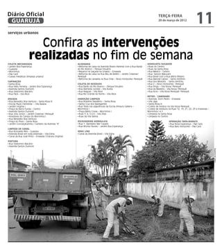 Diário Oficial
 GUARUJÁ
                                                                                                                                terça-feira
                                                                                                                                20 de março de 2012
                                                                                                                                                                     11
serviços urbanos


                      Confira as intervenções
Coleta Mecanizada
                    realizadas no fim de semana         Alvenaria                                                     Hidrojato/Sugador
 Jardim Boa Esperança                                    Reforma de caixa na Avenida Álvaro Parente com a Rua Barão    Ruas do Centro
 Guaiúba                                                do Rio Branco – Parque Estuário                                Ruas da Santa Rosa
 Morrinhos                                               Reparos na calçada na Unaerp – Enseada                        Rua México - Centro
 Pae Cará                                                Reforma de caixa na Rua Bilu de Belém – Jardim Cidamar/       Rua Gerson Maturani
 Caixas metálicas (limpeza urbana)                      Perequê                                                        Rua Brasil com a Rua Mário Ribeiro
                                                         Reforma de canaleta na Rua Chile – Novo Horizonte/ Perequê    Rua Manoel Cabral - Santo Antônio
Capinação                                                                                                              Rua dos Miosótis - Santo Antônio	
 Santa Rosa                                             Coleta de resíduos                                             Rua 2 – Novo Horizonte/ Perequê
 Rua Hélio Ferreira - Jardim Boa Esperança               Rua Barão do Rio Branco – Parque Estuário                     Rua Xingu – Vila Nova/ Perequê
 Avenida Santos Dumont                                   Rua Alameda Jundiaí – Vila Áurea                              Rua da Madeira – Vila Nova/ Perequê
 Rua Valdomiro Macário                                   Rua Alagoas – Vila Alice                                      Rua Acre – Vila Nova Perequê/ Perequê
 Rua Pará – Vila Alice                                   Rua Rio Grande do Norte – Vila Alice
                                                                                                                      Retro / Caminhão
Roçada                                                  Varrição/Limpeza                                               Avenida. Dom Pedro - Enseada
 Rua Benedito Boa Ventura – Santa Rosa III               Rua Brasilina Desidério – Santa Rosa                          Vila Lígia
 Escola Paulo Clemente – Vila Baiana                     Santa Cruz dos Navegantes                                     Santa Rosa III
 Jardim Virgínia I                                       Rua Treze nas adjacências da Escola Amaury Galliera –         Coleta de resíduo na Vila Nova Perequê
 Praça da Barra Funda – Centro                          Morrinhos I                                                    Coleta de resíduos na Ruas 12, 13, 21, 22, 23 e travessas –
 Avenida Santos Dumont                                   Praça Mário Covas – Morrinhos I                              Morrinhos I e II
 Rua Jota Júnior – Jardim Cidamar/ Perequê               Ruas 3, 4, 5 e 6 – Vila Zilda                                 Limpeza na Santa Rosa
 Arredores do Campo do Morrinhos I                       Ruas da Vila Selma                                            Limpeza no Centro
 Rua Benedito Boa Ventura
 Praça do Povo – Santa Rosa                             Escavadeira Hidráulica                                                            Operação Tapa-Buraco
 Jardim Conceiçãozinha / Canteiro da Avenida “A”         Rua 1– Balneário Mar Casado                                                       Rua Nova Esperança – Pae Cará
                                                         Rua Afonso Nunes – Jardim Boa Esperança                                           Rua Belo Horizonte – Pae Cará
Limpeza de Canal
 Rua Ariovaldo Reis – Guaiúba                           Drag Line
 Avenida Brasil em toda extensão – Vila Edna             Canal da Avenida Brasil – Vila Edna
 Canal da Rua José Pinto – Enseada (Chácara Virgínia)

Pintura
 Rua Valdomiro Macário
 Avenida Santos Dumont




                                                                                                                                                                                     Dayanna de Castro
 