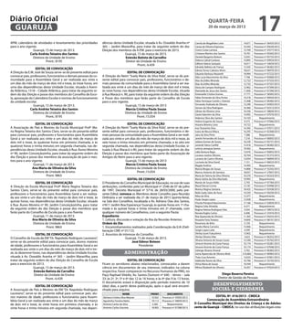 Diário Oficial
 GUARUJÁ
                                                                                                                                                         quarta-feira
                                                                                                                                                         20 de março de 2013
                                                                                                                                                                                                17
APM, calendário de atividades e levantamento das prioridades         dências desta Unidade Escolar, situada à Av. Oswaldo Aranha nº          Camila de Magalhães Leite             14.071    Processo nº 36433/2012
para o ano vigente.                                                  365 – Jardim Maravilha, para tratar da seguinte ordem do dia:           Cassia de Oliveira Espinosa           10.345    Processo nº 05630/2013
                Guarujá, 15 de março de 2013.                        Eleição dos membros da A.P.M. para o exercício de 2013.                 Cicero Costa Lamosa                   13.769    Processo nº 25577/2012
              Carla Andréa Teixeira dos Santos                                       Guarujá, 15 de março de 2013.                           Cristiane Martins dos Santos          10.701    Processo nº 05563/2013
                Diretora da Unidade de Ensino                                        Estevão Batista de Carvalho                             Daniele Bargamo Boteon                12.041    Processo nº 05732/2013
                         Pront.: 8195                                                Diretor da Unidade de Ensino                            Debora Cabral Cardoso                 14.895    Processo nº 04954/2013
                                                                                                                                             Edilene Valeria Sampaio               16.011    Processo nº 33659/2012
                                                                                              Pront.: 6.439
                                                                                                                                             Ednaldo Balbino de França             13.345    Processo nº 06382/2013
                   EDITAL DE CONVOCAÇÃO                                                                                                      Edneia Torres Cabreira Alvim          18.631    Processo nº 06970/2013
A Direção da E.M. José de Souza serve-se do presente edital para                        EDITAL DE CONVOCAÇÃO                                 Eduardo Barbosa Nazareth              18.994    Processo nº 07222/2013
convocar pais, professores, funcionários e demais pessoas da co-     A Direção do Neim “Suely Maria da Silva Kida”, serve-se do pre-         Elda Lucia Nascimento da Silva         7.748    Processo nº 05068/2013
munidade para a Assembleia Geral a ser realizada aos vinte e         sente edital para convocar pais, professores, funcionários e de-        Elias Acchilles Miranda               12.732    Processo nº 07335/2013
um dias do mês de março de dois mil e treze, às treze horas, em      mais pessoas da comunidade para a Assembleia Geral a ser rea-           Elias Acchilles Miranda               12.732    Processo nº 07337/2013
uma das dependências desta Unidade Escolar, situada à Aveni-         lizada aos vinte e um dias do mês de março de dois mil e treze,         Eloisa de Campos Rodrigues            12.962    Processo nº 07399/2013
da Atlântica, 1518 – Cidade Atlântica, para tratar da seguinte or-   às nove horas, nas dependências desta Unidade Escolar, situada          Elzeneide de Jesus dos Santos         11.856    Processo nº 07290/2013
dem do dia: Eleição e posse dos membros do Conselho de Esco-         à Rua Maracá n. 90, para tratar da seguinte ordem do dia: Eleição       Emanuelle Cristina Gomes              17.771    Processo nº 38365/2012
la, aprovação do Calendário Escolar e normas de funcionamento        e Posse dos membros que farão parte do Conselho de Escola               Fabio Fernando da Silva Fortes        19.218    Processo nº 00934/2013
da unidade escolar.                                                  para o ano vigente.                                                     Fabio Henrique Camilo J. Esteves      13.368    Processo nº 06382/2013
                 Guarujá, 15 de março de 2013.                                         Guarujá, 15 de março de 2013                          Fernando Andrade de Oliveira          13.240    Processo nº 04303/2013
                                                                                                                                             Gerson da Silva Rodrigues             16.366    Processo nº 02312/2013
               Carla Andréa Teixeira dos Santos                                        Marcia Cristina Paula Souza
                                                                                                                                             Gilmar de Oliveira Lima               16.556    Processo nº 38820/2012
                 Diretora da Unidade de Ensino                                        Diretora da Unidade de Ensino                          Gisele Valentim da Silva              14.992    Processo nº 07070/2013
                          Pront.: 8195                                                         Pront.:15.054                                 Helenice Silva dos Santos             14.103        Requerimento
                                                                                                                                             Heleno Eugenio de Souza                9.373    Processo nº 07066/2013
                   EDITAL DE CONVOCAÇÃO                                                 EDITAL DE CONVOCAÇÃO                                 Hosana Moreira Lima                   10.722        Requerimento
A Associação de Pais e Mestres da Escola Municipal Profª Ma-         A Direção do Neim “Suely Maria da Silva Kida”, serve-se do pre-         Ines Teresinha Silva                  14.395    Processo nº 07071/2013
ria Regina Teixeira dos Santos Claro, serve-se do presente edital    sente edital para convocar pais, professores, funcionários e de-        Ivana de Moura Villaca                16.295    Processo nº 02308/2013
para convocar pais, professores e funcionários para Assembleia       mais pessoas da comunidade para a Assembleia Geral a ser reali-         Jaira da Silva Pinto                   7.388        Requerimento
Geral a ser realizada aos vinte e um dias do mês de março de         zada aos vinte e um dias do mês de março de dois mil e treze, às        Janete Fernandes de Souza              7.218    Processo nº 06005/2013
dois mil e treze, às quatorze horas em primeira chamada, e às        sete horas e trinta minutos em primeira chamada, e às oito em           Juliana Gomes de Souza                16.239    Processo nº 05731/2013
quatorze horas e trinta minutos em segunda chamada, nas de-          segunda chamada, nas dependências desta Unidade Escolar, si-            Jurandir Vieira Canfild               13.418    Processo nº 06382/2013
                                                                                                                                             Leticia Latrequia Santos              19.562        Requerimento
pendências desta Unidade Escolar, situada à Rua: Áureo Moreira       tuada à Rua Maracá n.90, para tratar da seguinte ordem do dia:
                                                                                                                                             Lidia Ventura Regis                   13.076    Processo nº 05855/2013
nº 90, Jardim Conceiçãozinha, para tratar da seguinte ordem do       Eleição e posse dos membros que farão parte do Associação de
                                                                                                                                             Luciane Justino Oliveira              18.764    Processo nº 01275/2013
dia: Eleição e posse dos membros da associação de pais e mes-        Amigos do Neim para o ano vigente.                                      Luciene de Castro Oliveira            13.054    Processo nº 06894/2013
tres para o ano vigente.                                                               Guarujá, 15 de março de 2013                          Lucinete da Silva David                7.151    Processo nº 06023/2013
                  Guarujá, 11 de março de 2013.                                        Marcia Cristina Paula Souza                           Magda Avelino                         14.495        Requerimento
                 Ana Maria de Oliveira da Silva                                       Diretora da Unidade de Ensino                          Marcia Borges de Souza                14.806    Processo nº 35242/2012
                  Diretora de Unidade de Ensino                                                Pront.:15.054                                 Marcos Antonio de Santana             18.057    Processo nº 27847/2012
                            Pront. 9863                                                                                                      Maria de Fatima da Silva Oliveira     10.270    Processo nº 05323/2013
                                                                                         EDITAL DE CONVOCAÇÃO                                Maria Seleta da Silva Machado         10.995        Requerimento
                  EDITAL DE CONVOCAÇÃO                               O Presidente do Conselho Municipal de Educação, no uso de suas          Marize de Souza Addis                  5.793    Processo nº 07784/2013
A Direção da Escola Municipal Profª Maria Regina Teixeira dos        atribuições, conferidas pela Lei Municipal nº 2546 de 07 de julho       Maud Daruiz Correa                    13.181    Processo nº 05998/2013
Santos Claro, serve-se do presente edital para convocar pais,        de 1997, Decreto Municipal nº 5714, de 28/03/2000, pelo pre-            Monica Regina Santana                 18.425    Processo nº 02438/2013
                                                                                                                                             Neila Suely Sales de Assis            14.559    Processo nº 04250/2013
professores e funcionários para Assembleia Geral a ser realiza-      sente Edital, convoca os Membros deste Conselho para Reunião
                                                                                                                                             Nilza da Silva                        12.377        Requerimento
da aos vinte e um dias do mês de março de dois mil e treze, às       Ordinária a ser realizada dia 21 de março de 2013 (quinta-feira),
                                                                                                                                             Paulo Sergio Lopes                    12.928        Requerimento
quinze horas, nas dependências desta Unidade Escolar, situada        na Sala dos Conselhos, localizada a Av. Adriano Dias dos Santos,        Priscila Prestjord Nascimento         17.166    Processo nº 02859/2013
à Rua: Áureo Moreira nº 90, Jardim Conceiçãozinha, para tratar       nº611 Jardim Boa Esperança/ Guarujá, às quinze horas em 1ª cha-         Regina Celia Almeida                   6.271        Requerimento
da seguinte ordem do dia: Eleição e posse dos membros que            mada e às quinze horas e trinta minutos em 2ª chamada, com              Regina Helena Rodrigues Dias           5.034    Processo nº 39072/2012
farão parte do Conselho de Escola para o ano fivente.                qualquer número de Conselheiros, com a seguinte Pauta:                  Renata Koghe Carlos                    6.406    Processo nº 23416/2013
                Guarujá, 11 de março de 2013.                        Expediente                                                              Rita Aparecida de Oliveira            11.365    Processo nº 04255/2013
                Ana Maria de Oliveira da Silva                       1. Leitura, discussão e votação da Ata da Reunião Anterior;             Roseane Faria Teixeira                10.845    Processo nº 08191/2013
                Diretora de Unidade de Ensino                        Ordem do Dia                                                            Rosemary de Brito                      5.159        Requerimento
                          Pront. 9863                                1. Encaminhamentos realizados pela Coordenação da EJA (Deli-            Sandra Maria Carneiro                 15.066        Requerimento
                                                                     beração CME nº 01/12);                                                  Sergio Lopes Leite                     4.599        Requerimento
                   EDITAL DE CONVOCAÇÃO                              2. Assuntos de interesse do Conselho.                                   Shirley Izumi Fukushima               13.902        Requerimento
                                                                                                                                             Shirley Oliveira Vilar                 3.623    Processo nº 06352/2013
O Conselho de Escola da EM “Dr. Napoleão Rodrigues Laureano”,                          Guarujá, 15 de março de 2013.
                                                                                                                                             Silvana Antonio de Souza Couto        12.540    Processo nº 05762/2013
serve-se do presente edital para convocar pais, alunos maiores                              José Edmur Boteon
                                                                                                                                             Simone Vicente da Costa França        10.174    Processo nº 05281/2013
de idade, professores e funcionários para Assembleia Geral a ser                                 Presidente                                  Simone Vicente da Costa França        10.174    Processo nº 07048/2013
realizada aos vinte e um dias do mês de março de dois mil e tre-                                                                             Solange Alvarez Amaral                 5.762    Processo nº 06383/2013
ze, às dezenove horas, nas dependências desta Unidade Escolar,                          administração                                        Sonia Aparecida de Oliveira Melo      516.862   Processo nº 00983/2013
situada à Av. Oswaldo Aranha nº 365 – Jardim Maravilha, para                                                                                 Thais Cruz Amorim                     13.033    Processo nº 07001/2013
tratar da seguinte ordem do dia: Eleição do Conselho de Escola                            EDITAL DE CONVOCAÇÃO                               Valdicelia Nunes da Silva             10.796    Processo nº 35193/2012
para o exercício de 2013.                                            Ficam os servidores abaixo relacionados, convocados a darem             Vilma Maria de Souza                  10.594        Requerimento
                 Guarujá, 15 de março de 2013.                       ciência em documentos de seu interesse, indicados na coluna             Wilma Elizabeth de Oliveira           10.207    Processo nº 07024/2013
                  Estevão Batista de Carvalho                        respectiva. Favor comparecer no Recursos Humanos da PMG, no
                  Diretor da Unidade de Ensino                       Paço Raphael Vitiello, Av. Santos Dumont nº 640 – térreo – sala                                 Diego Bezerra Pereira
                           Pront.: 6.439                             33: às 2ª, 3ª, 5ª e 6ª das 12 às 16 horas; e às 4ª das 9 às 13 horas.                        Diretor de Gestão de Pessoas
                                                                     O documento estará à disposição pelo período máximo de 10
                    EDITAL DE CONVOCAÇÃO                             (dez) dias, a partir desta publicação, após o qual será encami-                         desenvolvimento
A Associação de Pais e Mestres da EM “Dr. Napoleão Rodrigues         nhado para arquivo.                                                                    social e cidadania
Laureano”, serve-se do presente edital para convocar pais, alu-                         NOME               PRONT.       DOCUMENTO
nos maiores de idade, professores e funcionários para Assem-         Adriana Cristina Silva Meyran         10.502   Processo nº 29305/2012                 EDITAL Nº. 016/2013 - CMDCA
bleia Geral a ser realizada aos vinte e um dias do mês de março      Agostinho Ferreira Netto              19.113   Processo nº 38694/2012           Convocação de Assembleia Extraordinária
de dois mil e treze, às vinte horas em primeira chamada, e às        Antonio Carlos da Silva                2.282       Requerimento         O Conselho Municipal dos Direitos da Criança e do Adoles-
vinte horas e trinta minutos em segunda chamada, nas depen-          Antonio Carlos Gouveia                18.902   Processo nº 07288/2013   cente de Guarujá – CMDCA, no uso das atribuições legais esta-
 