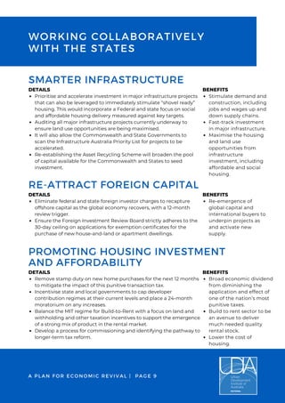 WORKING COLLABORATIVELY
WITH THE STATES
Stimulate demand and
construction, including
jobs and wages up and
down supply chains.
Fast-track investment
in major infrastructure.
Maximise the housing
and land use
opportunities from
infrastructure
investment, including
affordable and social
housing.
BENEFITS
Prioritise and accelerate investment in major infrastructure projects
that can also be leveraged to immediately stimulate “shovel ready”
housing. This would incorporate a Federal and state focus on social
and affordable housing delivery measured against key targets.
Auditing all major infrastructure projects currently underway to
ensure land use opportunities are being maximised.
It will also allow the Commonwealth and State Governments to
scan the Infrastructure Australia Priority List for projects to be
accelerated.
Re-establishing the Asset Recycling Scheme will broaden the pool
of capital available for the Commonwealth and States to seed
investment.
DETAILS
SMARTER INFRASTRUCTURE
Re-emergence of
global capital and
international buyers to
underpin projects as
and activate new
supply.
BENEFITS
Eliminate federal and state foreign investor charges to recapture
offshore capital as the global economy recovers, with a 12-month
review trigger.
Ensure the Foreign Investment Review Board strictly adheres to the
30-day ceiling on applications for exemption certificates for the
purchase of new house-and-land or apartment dwellings.
DETAILS
RE-ATTRACT FOREIGN CAPITAL
Broad economic dividend
from diminishing the
application and effect of
one of the nation’s most
punitive taxes.
Build to rent sector to be
an avenue to deliver
much needed quality
rental stock.
Lower the cost of
housing.
BENEFITS
Remove stamp duty on new home purchases for the next 12 months
to mitigate the impact of this punitive transaction tax.
Incentivise state and local governments to cap developer
contribution regimes at their current levels and place a 24-month
moratorium on any increases.
Balance the MIT regime for Build-to-Rent with a focus on land and
withholding and other taxation incentives to support the emergence
of a strong mix of product in the rental market.
Develop a process for commissioning and identifying the pathway to
longer-term tax reform.
DETAILS
PROMOTING HOUSING INVESTMENT
AND AFFORDABILITY
A PLAN FOR ECONOMIC REVIVAL | PAGE 9
 