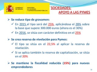 10 
 
Se reduce tipo de gravamen: 
 
En 2015 el tipo será del 25%, aplicándose el 28% sobre la base que supere 300.000 euros (ahora es el 30%) 
 
En 2016, se sitúa con carácter definitivo en el 25% 
 
Se crea reserva de nivelación para Pymes: 
 
El tipo se sitúa en el 22,5% al aplicar la reserva de nivelación. 
 
Si se aplica también la reserva de capitalización, se sitúa en el 20% 
 
Se mantiene la fiscalidad reducida (15%) para nuevos emprendedores 
SOCIEDADES: APOYO A LAS PYMES  