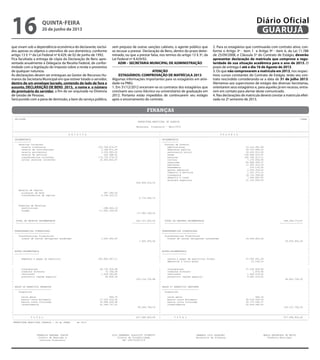 que vivam sob a dependência econômica do declarante, excluí-
dos apenas os objetos e utensílios de uso doméstico, conforme
artigo 13 § 1º da Lei Federal nº 8.429, de 02 de junho de 1992.
Fica facultada a entrega de cópia da Declaração de Bens apre-
sentada anualmente à Delegacia da Receita Federal, de confor-
midade com a legislação do imposto sobre a renda e proventos
de qualquer natureza.
As declarações devem ser entregues ao Gestor de Recursos Hu-
manos da Secretaria Municipal em que estiver lotado o servidor,
dentro de um envelope lacrado, contendo do lado de fora o
assunto, DECLARAÇÃO DE BENS 2013, o nome e o número
do prontuário do servidor, a fim de ser arquivada na Diretoria
de Gestão de Pessoas.
Será punido com a pena de demissão, a bem do serviço público,
sem prejuízo de outras sanções cabíveis, o agente público que
se recusar a prestar Declaração de Bens, dentro do prazo deter-
minado, ou que a prestar falsa, nos termos do artigo 13 § 3º, da
Lei Federal nº 8.429/92.
ADM – SECRETARIA MUNICIPAL DE ADMINISTRAÇÃO
ATENÇÃO
ESTAGIÁRIOS: COMPROVAÇÃO DE MATRÍCULA 2013
Algumas informações importantes para os estagiários em ativi-
dade na PMG:
1. Em 31/12/2012 encerram-se os contratos dos estagiários que
concluem seu curso (técnico ou universitário) de graduação em
2012. Portanto estão impedidos de continuarem seu estágio
após o encerramento do contrato.
finanças
� --------------------------------------------------------------------------------------------------------------------------------------------------------------------------------------------------------------------------
| CN-SIFPM CONAM |
| PREFEITURA MUNICIPAL DE GUARUJA |
| |
| Balancete Financeiro – Maio/2013 |
| |
|--------------------------------------------------------------------------------------------------------------------------------------------------------------------------------------------------------------------------|
| R E C E I T A | D E S P E S A |
|--------------------------------------------------------------------------------------------------------------------------------------------------------------------------------------------------------------------------|
| ORCAMENTARIA | ORCAMENTARIA |
| ------------ | ------------ |
| Receitas Correntes | Funcoes de Governo |
| receita tributaria 225.769.874,57 | administracao 53.216.481,98 |
| receita de contribuicoes 2.169.971,39 | seguranca publica 26.747.495,23 |
| receita patrimonial 2.259.585,91 | assistencia social 18.043.512,28 |
| receita de servicos 142.388,91 | saude 130.630.213,97 |
| transferencias correntes 173.725.374,70 | educacao 182.794.317,11 |
| outras receitas correntes 32.426.820,87 | cultura 7.170.693,56 |
| | urbanismo 85.960.499,27 |
| | habitacao 11.900.310,24 |
| | saneamento 275.176,32 |
| | gestao ambiental 2.593.359,04 |
| | comercio e servicos 1.767.377,12 |
| | transporte 18.732.399,64 |
| | desporto e lazer 7.344.897,85 |
| | encargos especiais 21.122.040,26 |
| 436.494.016,35 | |
| | |
| | |
| Receita de Capital | |
| alienacao de bens 587.260,00 | |
| transferencias de capital 4.128.325,15 | |
| 4.715.585,15 | |
| | |
| | |
| Deducoes de Receitas | |
| restituicoes -398.450,19 | |
| fundeb -17.083.749,06 | |
| -17.482.199,25 | |
| | |
| | |
| TOTAL DA RECEITA ORCAMENTARIA 423.727.402,25 | TOTAL DA DESPESA ORCAMENTARIA 568.298.773,87 |
| ----------------------------- ----------------- | ----------------------------- ----------------- |
| | |
| | |
| TRANSFERENCIAS FINANCEIRAS | TRANSFERENCIAS FINANCEIRAS |
| -------------------------- | -------------------------- |
| Transferencias Financeiras | Transferencias Financeiras |
| transf de outras obrigacoes recebidas 1.000.000,00 | transf de outras obrigacoes concedidas 18.054.663,26 |
| 1.000.000,00 | 18.054.663,26 |
| | |
| | |
| | |
| EXTRA-ORCAMENTARIA | EXTRA-ORCAMENTARIA |
| ------------------ | ------------------ |
| | |
| empenhos a pagar do exercicio 262.804.387,11 | restos a pagar de exercicios findos 57.502.651,39 |
| | depositos a curto prazo 21.156,10 |
| |
| consignacoes 28.735.326,98 | consignacoes 27.530.826,80 |
| credores diversos 73.766,58 | credores diversos 1.879,96 |
| realizavel 1.418.395,82 | realizavel 1.463.576,02 |
| precatorio regime especial 84.828,39 | precatorio regime especial 8.083.616,02 |
| 293.116.704,88 | 94.603.706,29 |
| | |
| | |
| SALDO DO EXERCICIO ANTERIOR | SALDO P/ EXERCICIO SEGUINTE |
| --------------------------- | --------------------------- |
| Disponivel | Disponivel |
| | |
| caixa geral 494,74 | caixa geral 494,14 |
| bancos conta movimento 17.229.314,30 | bancos conta movimento 45.519.393,30 |
| bancos conta vinculada 30.668.249,98 | bancos conta vinculada 40.175.590,37 |
| investimentos 51.346.737,51 | investimentos 50.436.282,43 |
| 99.244.796,53 | 136.131.760,24 |
| | |
| | |
|------------------------------------------------------------------------------------------------------------|-------------------------------------------------------------------------------------------------------------|
| T O T A L 817.088.903,66 | T O T A L 817.088.903,66 |
--------------------------------------------------------------------------------------------------------------------------------------------------------------------------------------------------------------------------
PREFEITURA MUNICIPAL GUARUJA , 18 de JUNHO de 2013
FRANKLIN SANTANA JUNIOR LUIS FERNANDO SCALZITTI FIORETTI ARMANDO LUIZ PALMIERI MARIA ANTONIETA DE BRITO
Diretor de Execução e
Controle Financeiro
Diretor de Contabilidade
CRC 1SP175702/O-8
Secretario de Finanças Prefeita Municipal
2. Para os estagiários que continuarão com contrato ativo, con-
forme o Artigo 3º - item 1 e Artigo 9º - item 6, da Lei 11.788
de 25/09/2008, e Cláusula 5º do Contrato de Estágio, deverão
apresentar declaração de matrícula que comprove a regu-
laridade de sua situação acadêmica para o ano de 2013. O
prazo de entrega é até o dia 16 de Agosto de 2013.
3. Os que não comprovarem a matrícula em 2013, nos respec-
tivos cursos constantes do Contrato de Estágio, terão seu con-
trato rescindido considerando-se a data de 31 de julho 2013.
Alertamos aos supervisores de estágio das diversas Secretarias,
orientarem seus estagiários e, para aqueles já em recesso, entra-
rem em contato para alertar deste comunicado.
4. Nas declarações de matrícula deverá constar a matricula efeti-
vada no 2º semestre de 2013.
quinta-feira
20 de junho de 2013
16 GUARUJÁ
Diário Oficial
 
