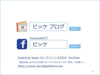 Facebook内で
searchピッケ
searchピッケ ブログ
Code4Lib Japan カンファレンス2018 YouTube
「物語る楽しみが子どもを育てる～デジタルメディアを「創る」の支援に～」
https://youtu.be/qBqaH6wwvHw
118
 