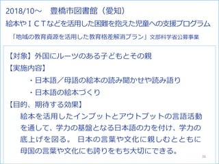 2018/10～ 豊橋市図書館（愛知）
絵本やＩＣＴなどを活用した困難を抱えた児童への支援プログラム
「地域の教育資源を活用した教育格差解消プラン」文部科学省公募事業
【対象】外国にルーツのある子どもとその親
【実施内容】
・日本語／母語の絵本の読み聞かせや読み語り
・日本語の絵本づくり
【目的、期待する効果】
絵本を活用したインプットとアウトプットの言語活動
を通して、学力の基盤となる日本語の力を付け、学力の
底上げを図る。 日本の言葉や文化に親しむとともに
母国の言葉や文化にも誇りをもち大切にできる。
36
 