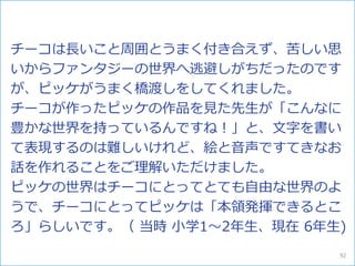 チーコは長いこと周囲とうまく付き合えず、苦しい思
いからファンタジーの世界へ逃避しがちだったのです
が、ピッケがうまく橋渡しをしてくれました。
チーコが作ったピッケの作品を見た先生が「こんなに
豊かな世界を持っているんですね！」と、文字を書い
て表現するのは難しいけれど、絵と音声ですてきなお
話を作れることをご理解いただけました。
ピッケの世界はチーコにとってとても自由な世界のよ
うで、チーコにとってピッケは「本領発揮できるとこ
ろ」らしいです。（ 当時 小学1～2年生、現在 6年生)
92
 