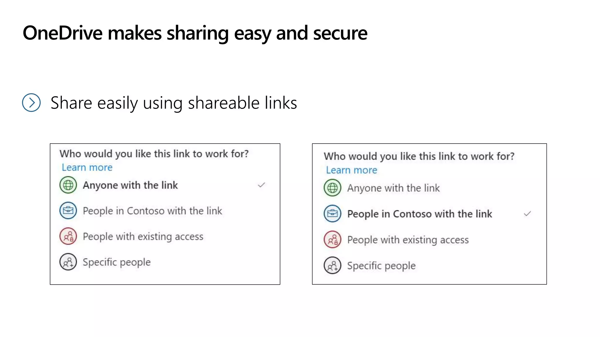 OneDrive makes sharing easy and secure
Share easily using shareable links
 